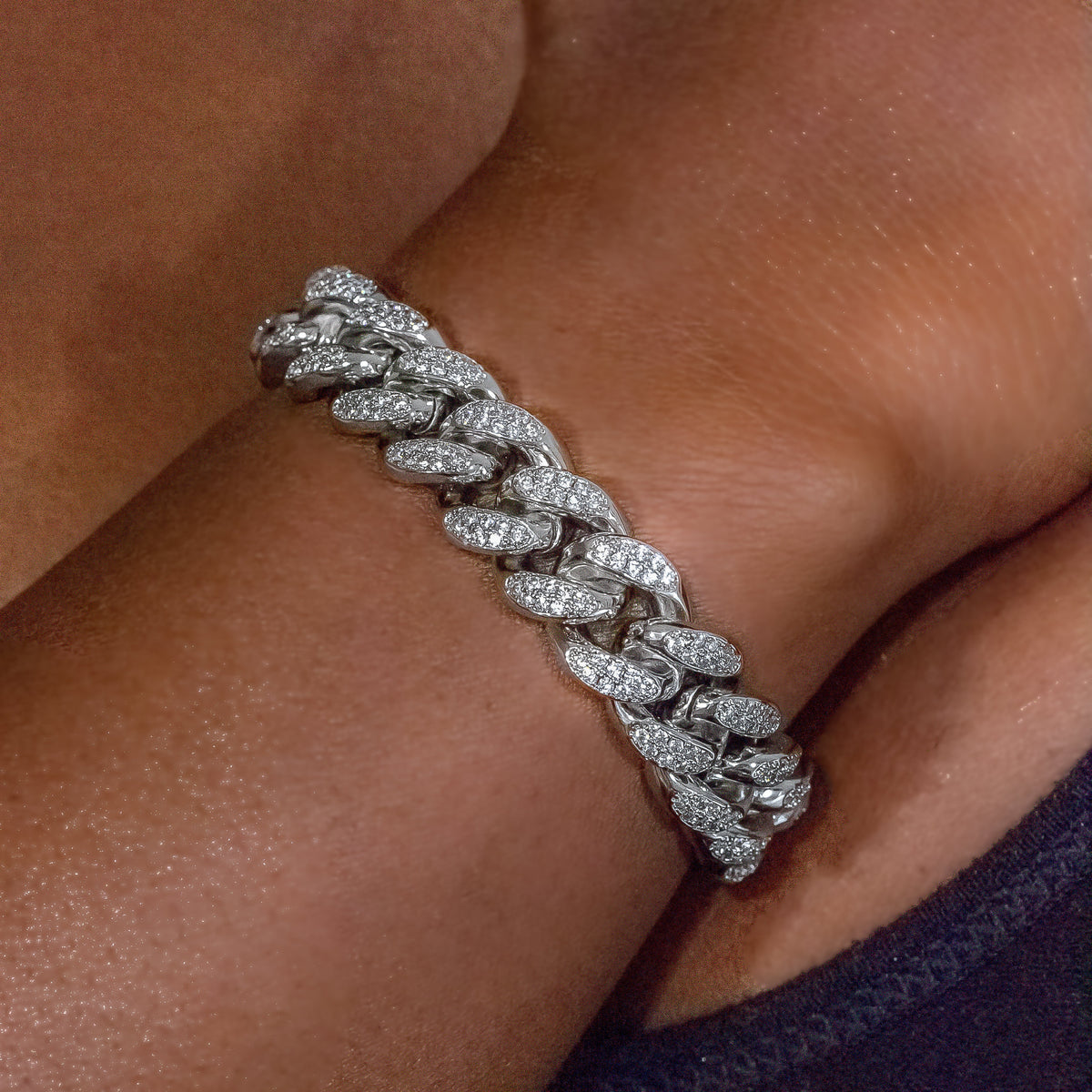 SKRT 12mm diamond cuban link bracelet in 18K white gold on female model