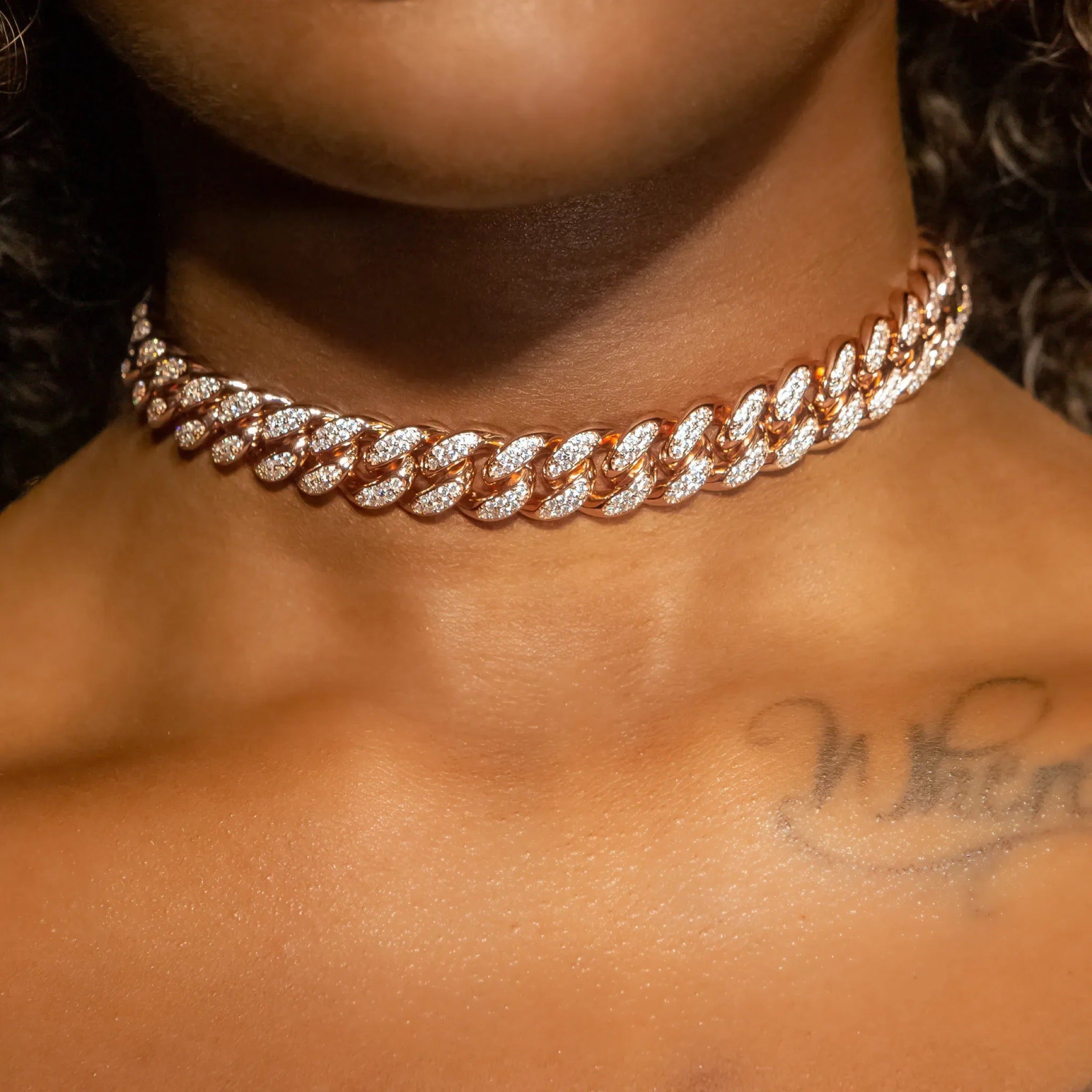 12mm Cuban Link Choker/ Necklace in Rose Gold · female-model