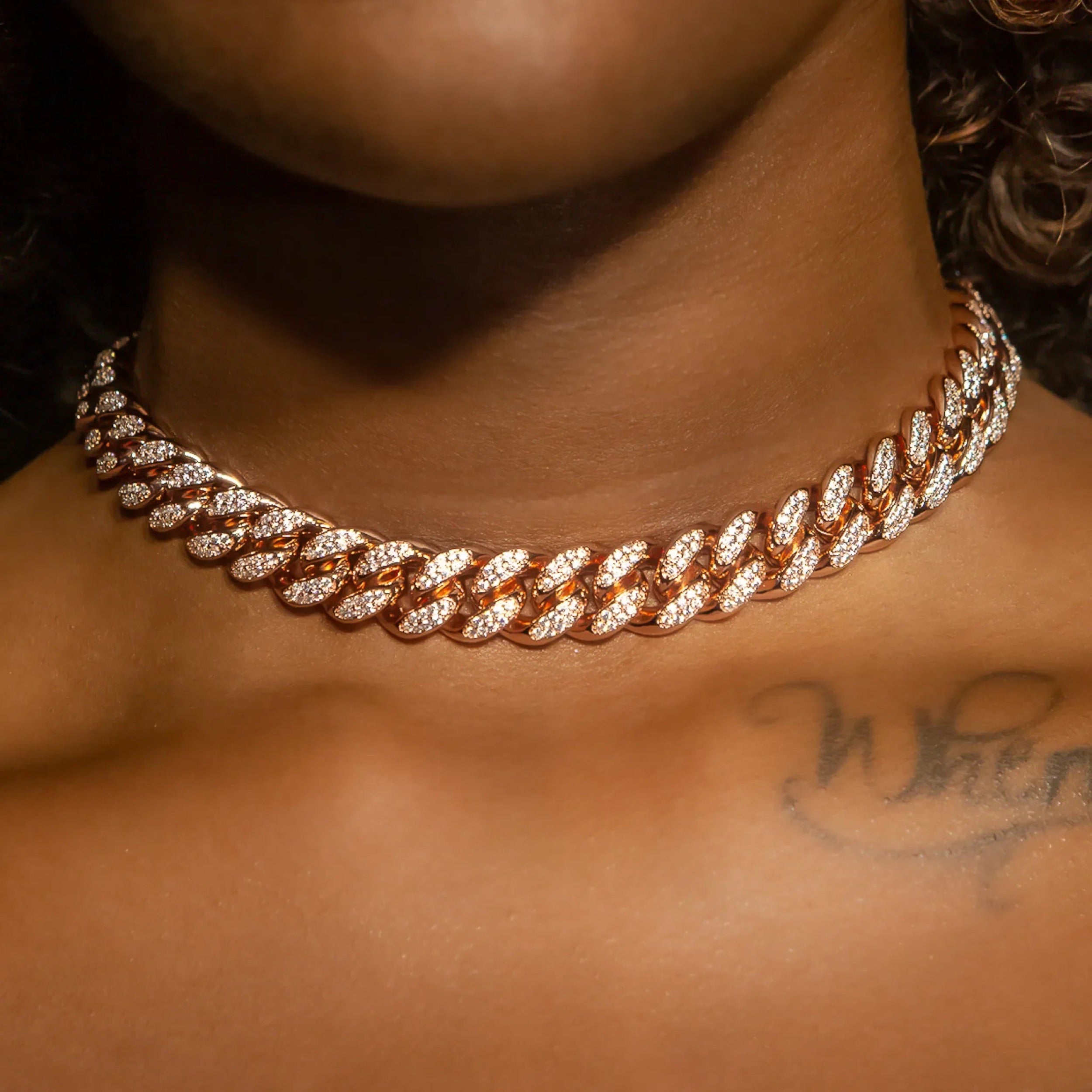 12mm Cuban Link Choker/ Necklace in Rose Gold · female-model
