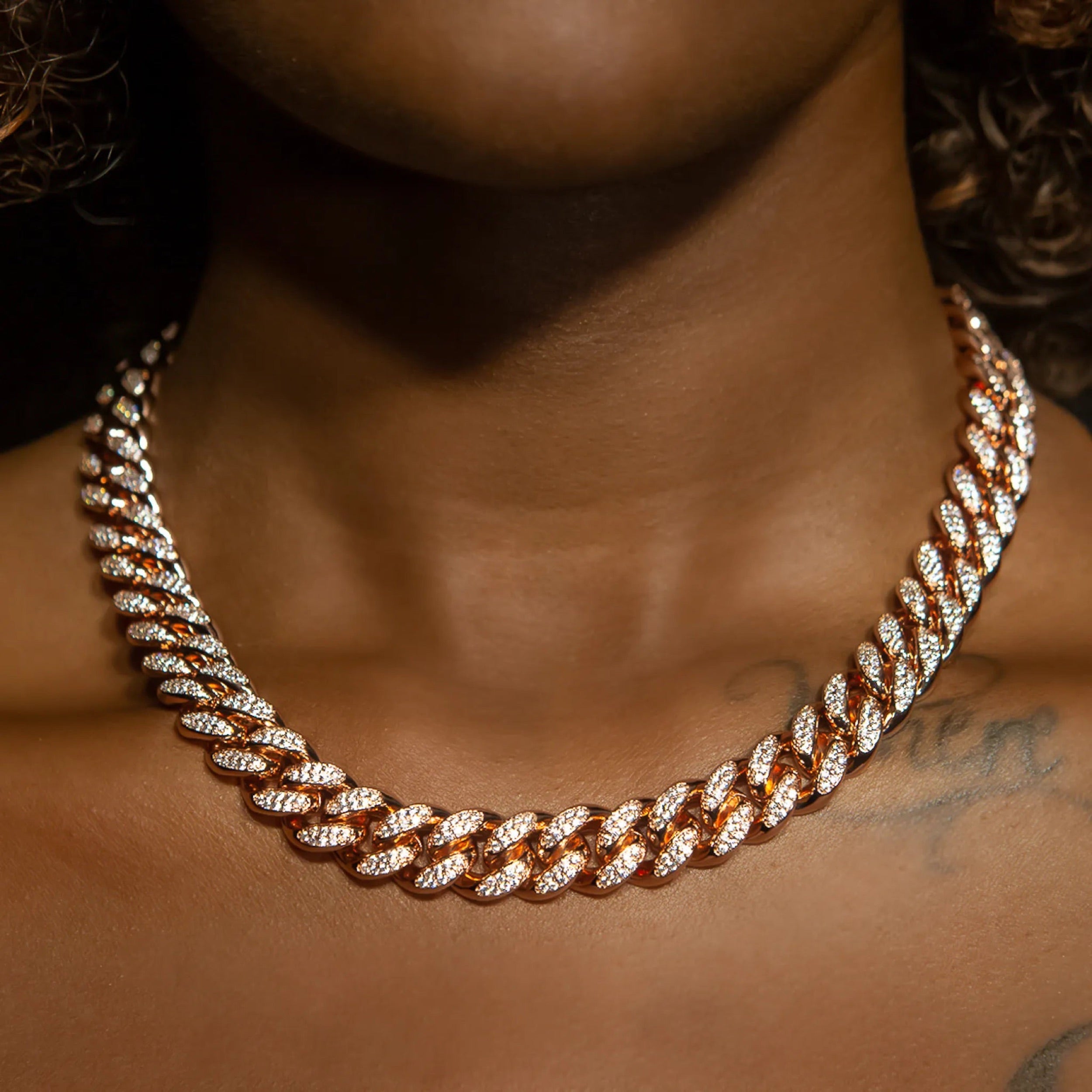12mm Cuban Link Choker/ Necklace in Rose Gold · female-model