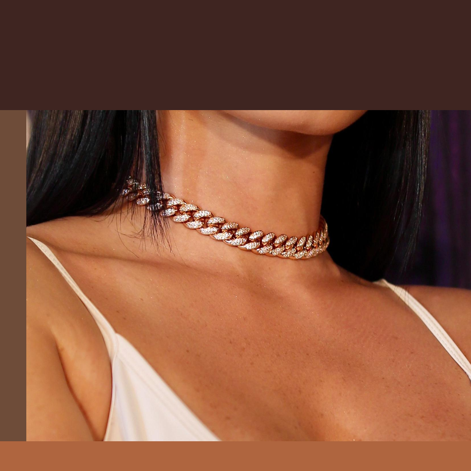 12mm Cuban Link Choker/ Necklace in 18K Rose Gold - product image · female-model