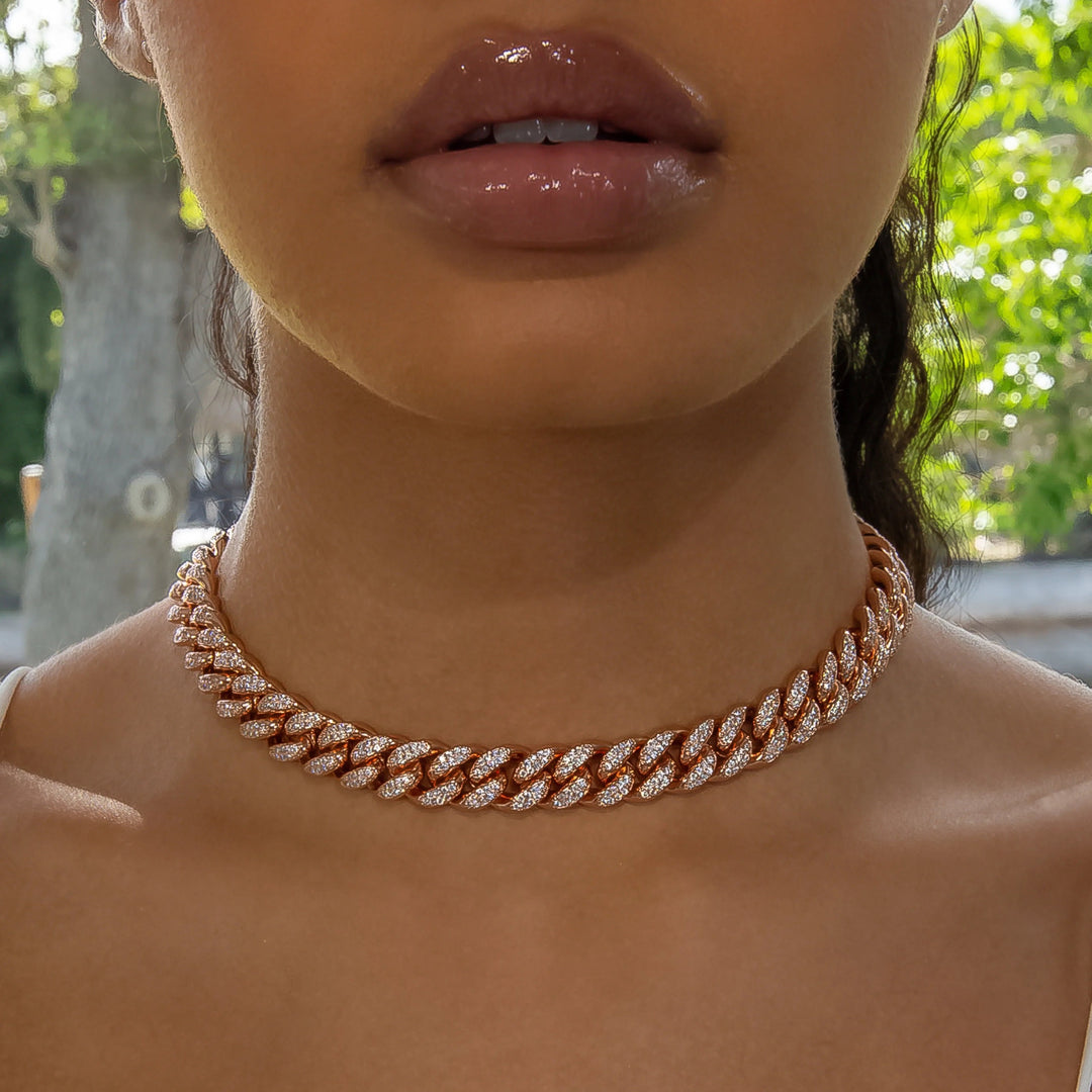 12mm Cuban Link Choker/ Necklace in Rose Gold · female-model