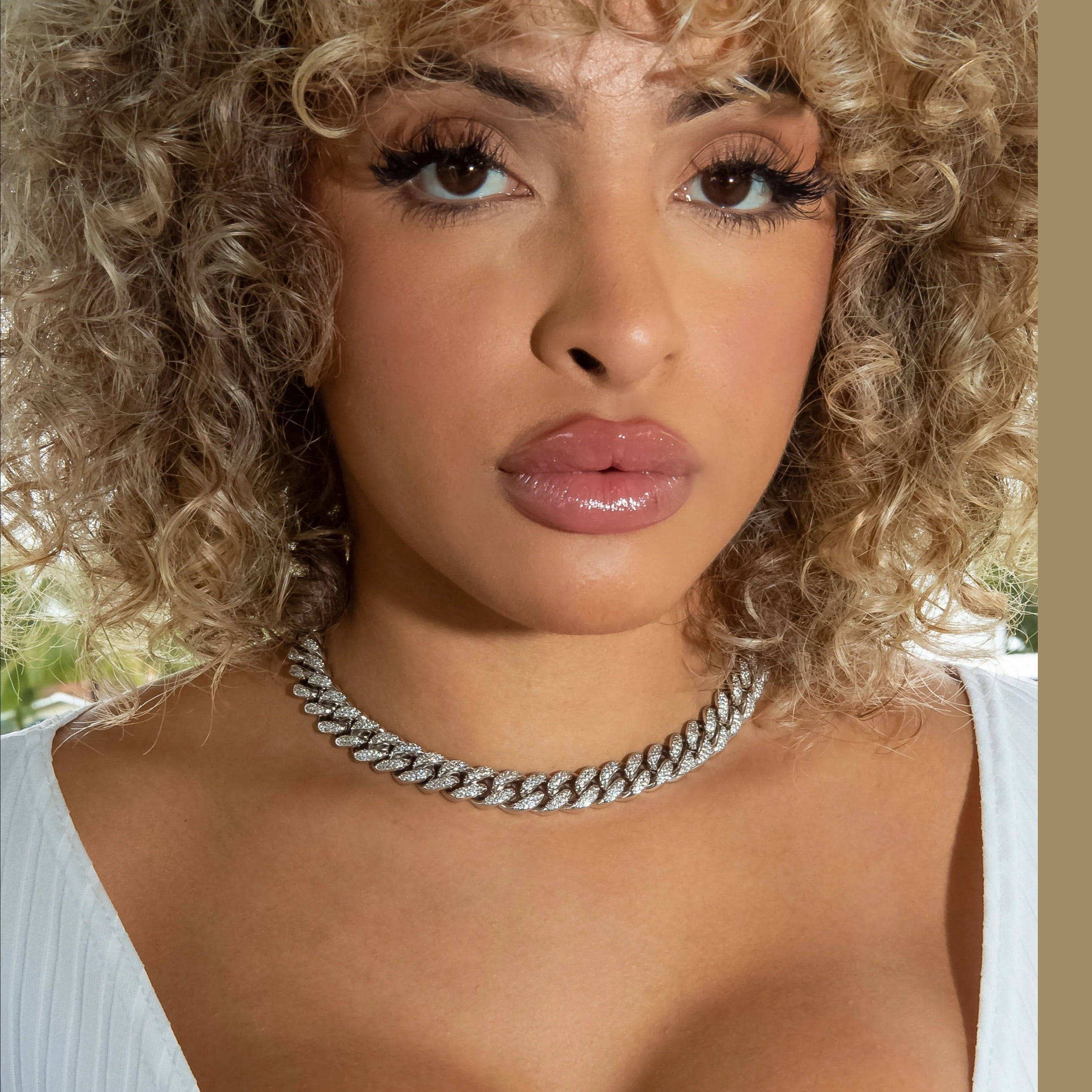 12mm Cuban Link Choker/ Necklace in 18K White Gold - product image · female-model