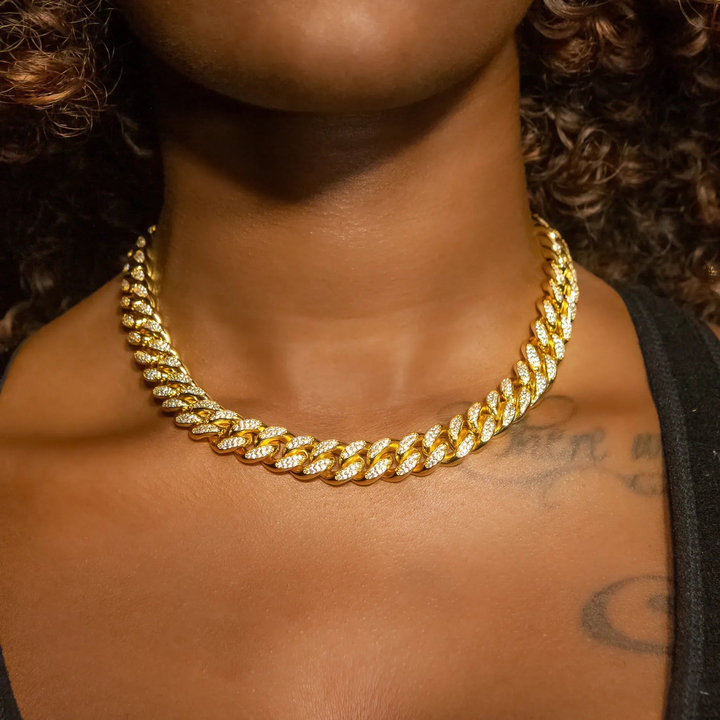 12mm Cuban Link Choker/ Necklace in Yellow Gold · female-model