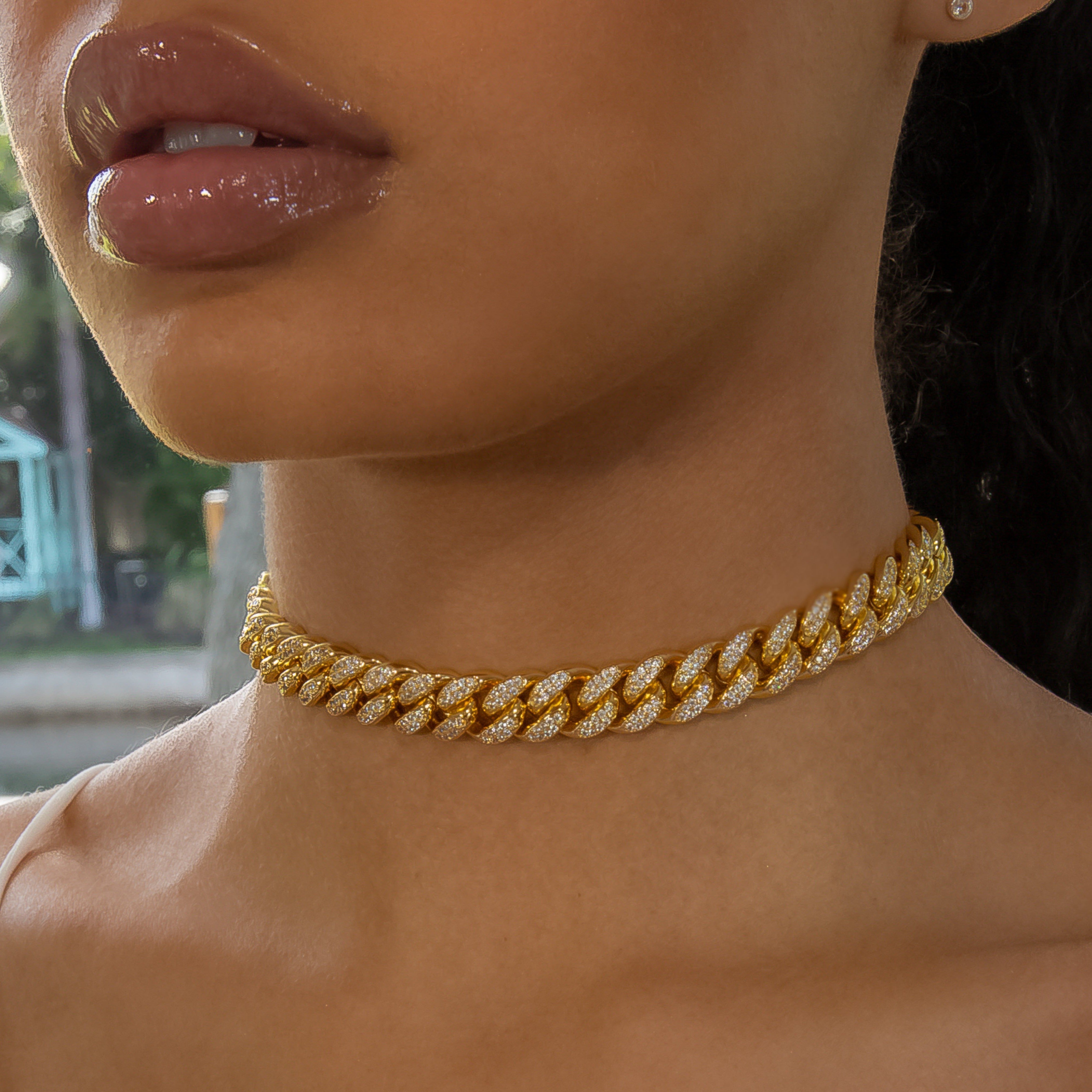 12mm Cuban Link Choker/ Necklace - 18K Yellow Gold · female-model