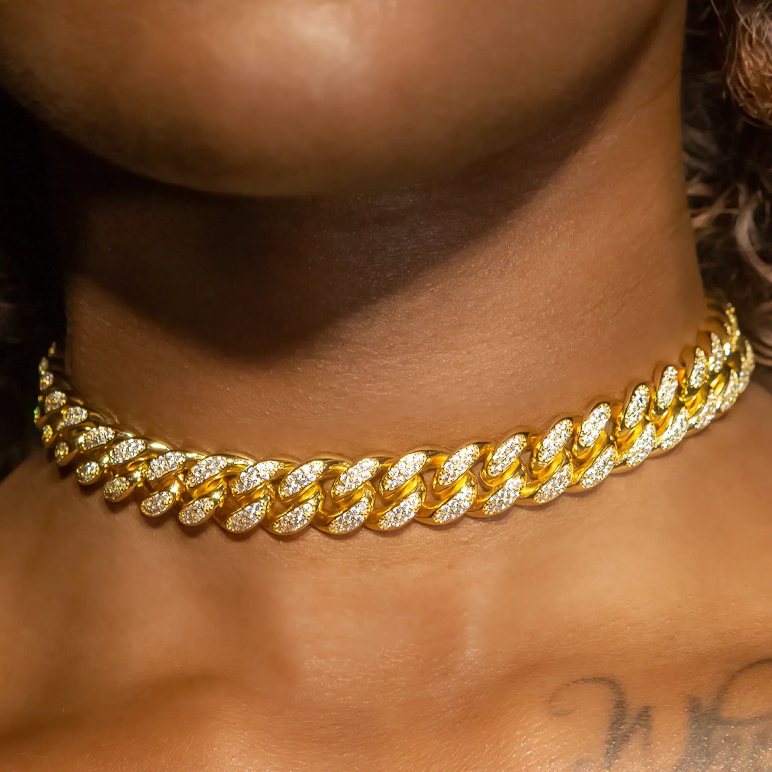 12mm Cuban Link Choker/ Necklace in Yellow Gold · female-model