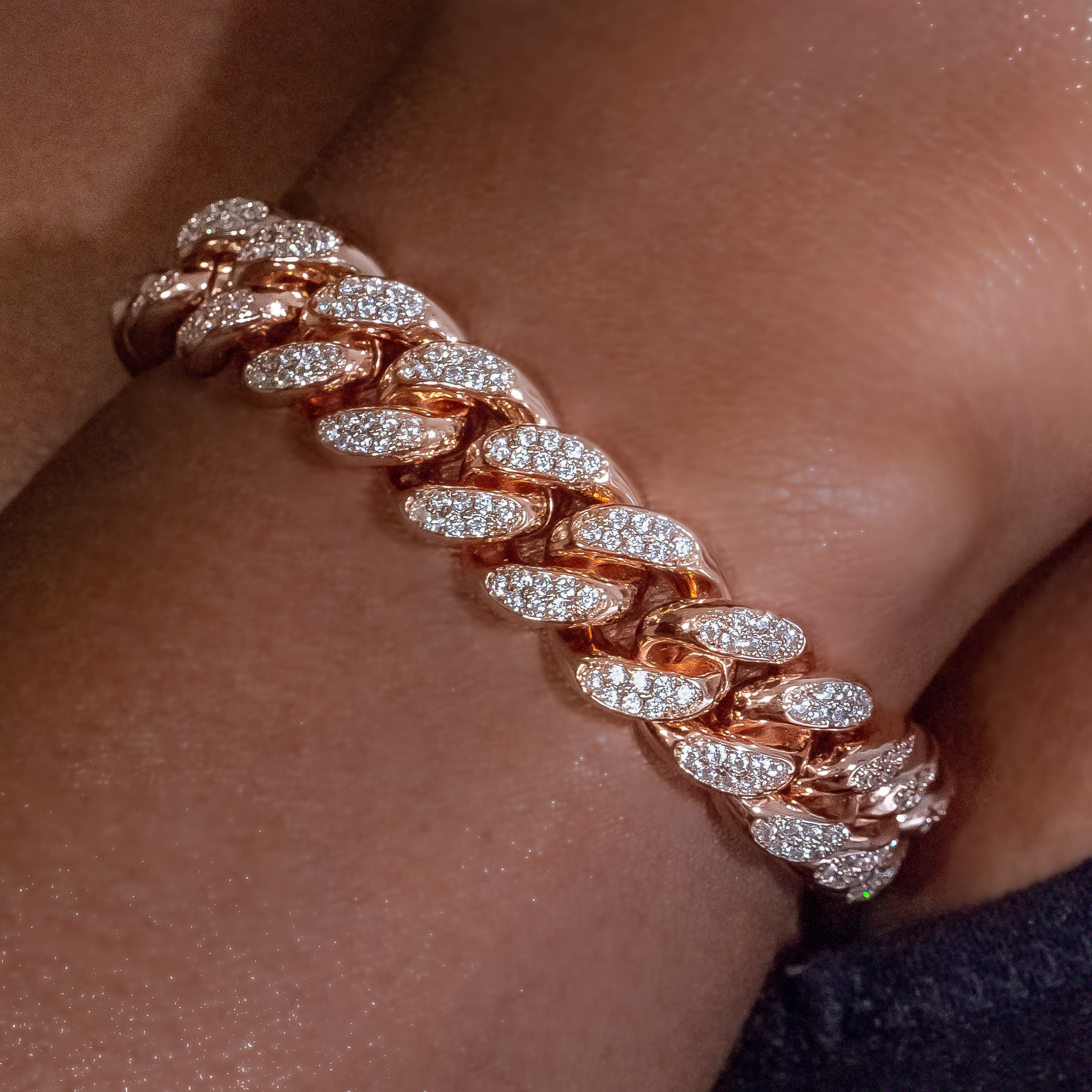 12mm Diamond Cuban Link Bracelet - 18K Rose Gold · female-model