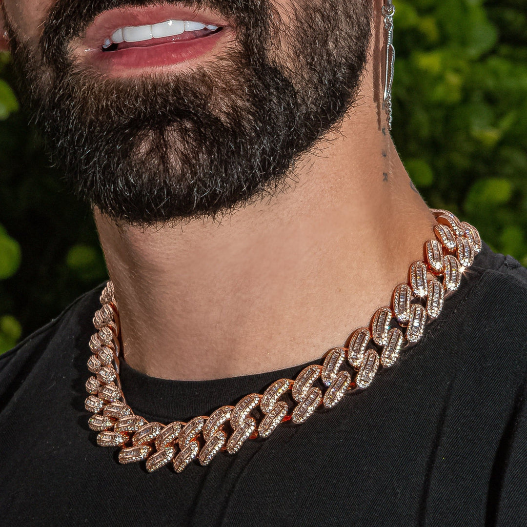 18mm Baguette Cuban Link Chain - 18K Rose Gold · male-model