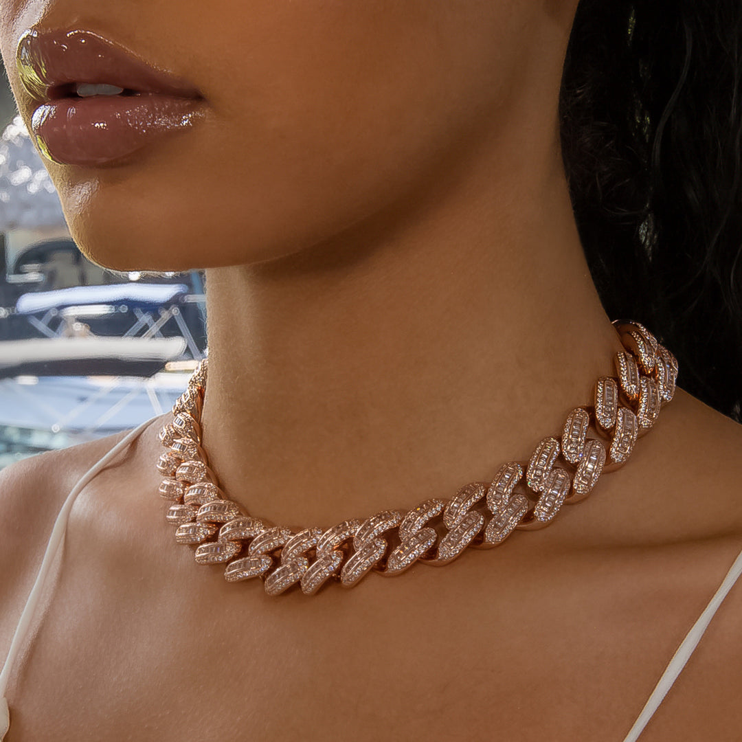 18mm Baguette Cuban Link Choker/ Necklace in Rose Gold · female-model