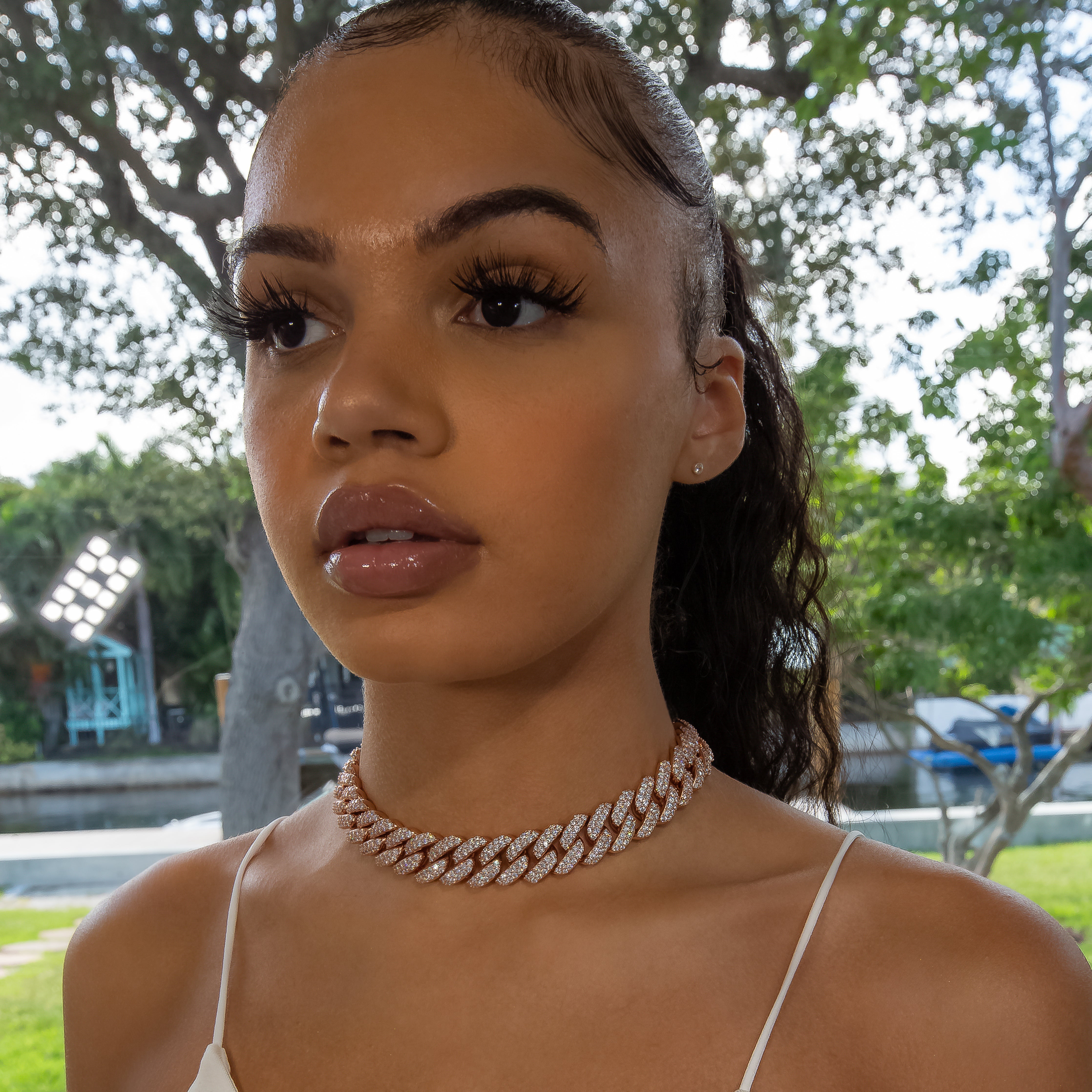 18mm Flower Set Cuban Link Choker/ Necklace - 18K Rose Gold · female-model