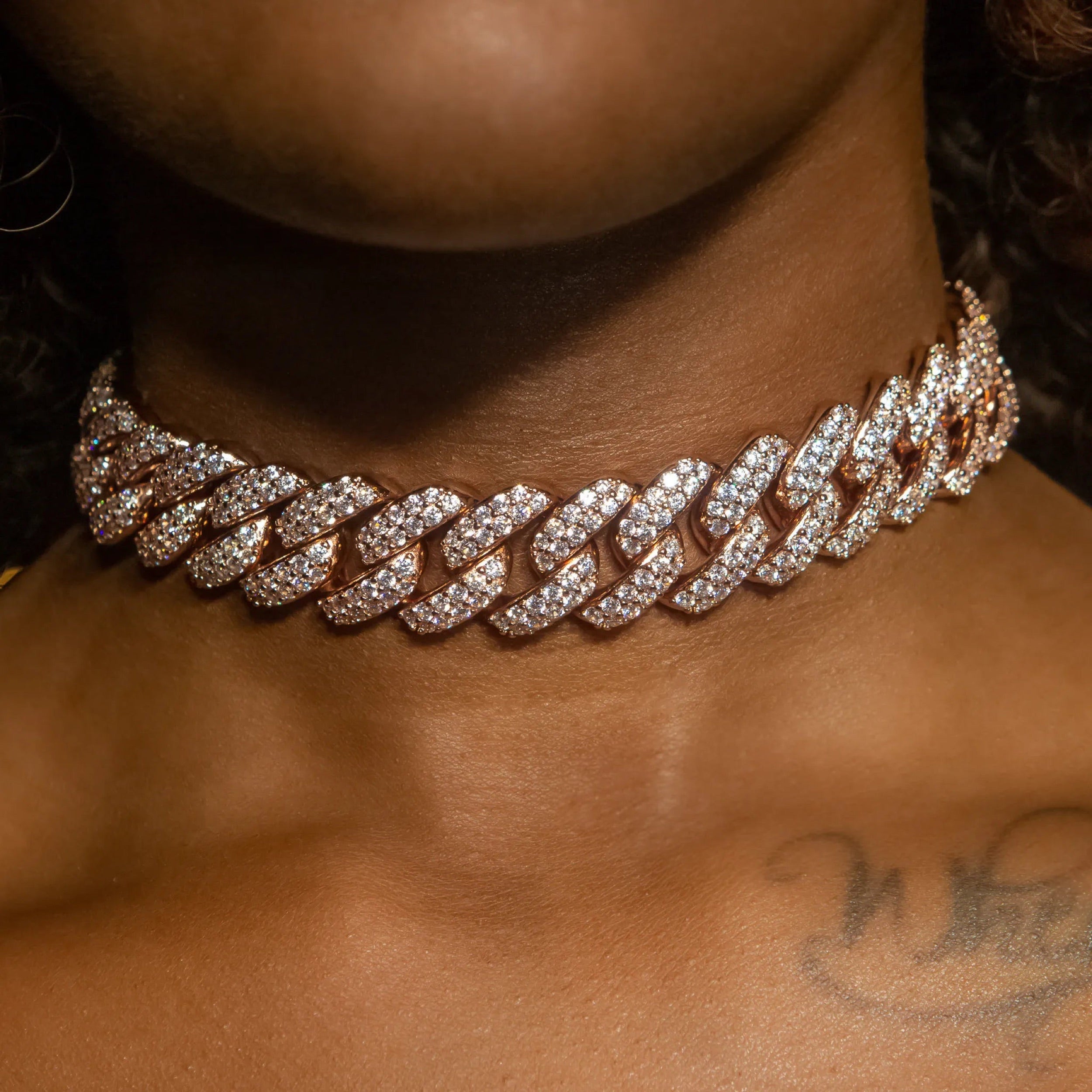18mm Flower Set Cuban Link Choker/ Necklace in Rose Gold · female-model