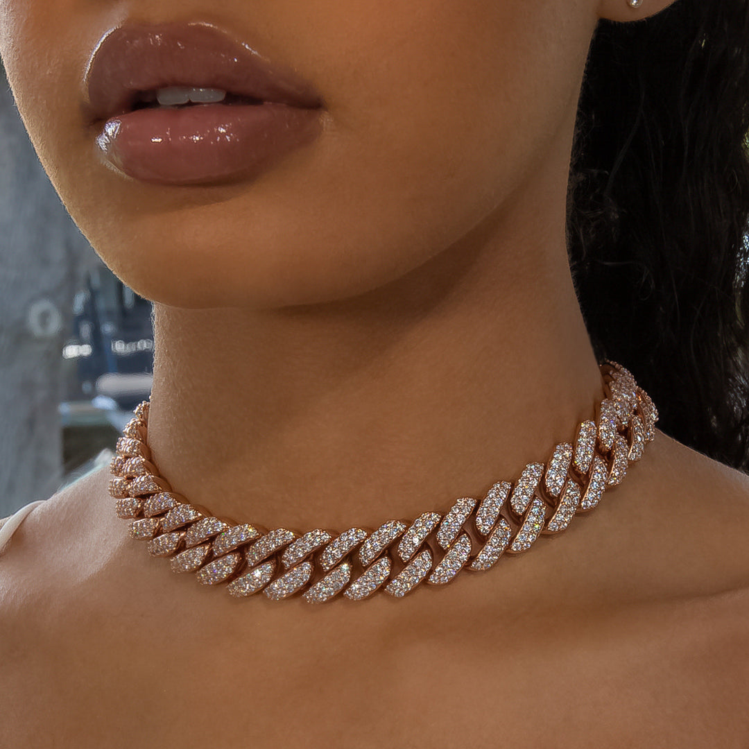 18mm Flower Set Cuban Link Choker/ Necklace - 18K Rose Gold · female-model
