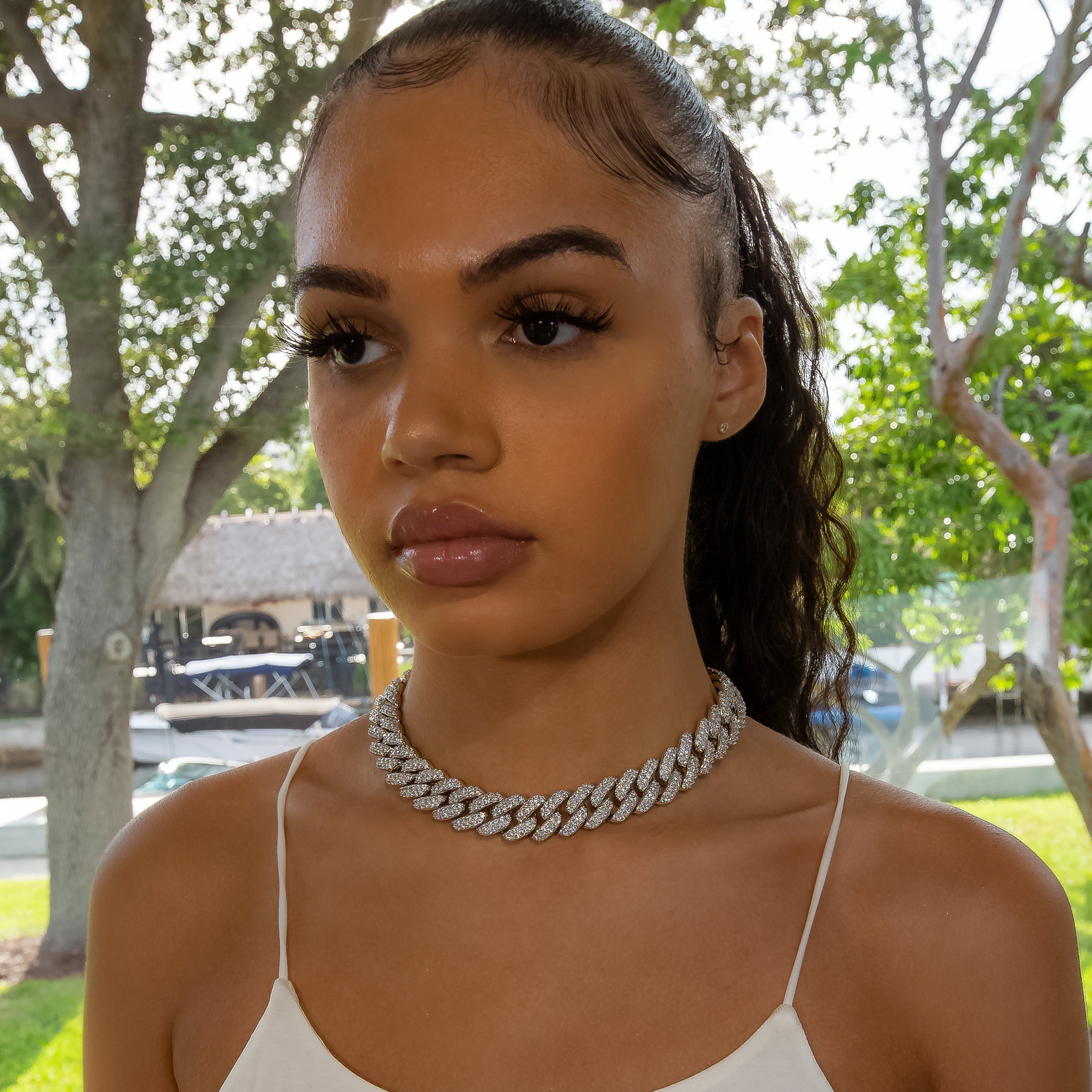 18mm Flower Set Cuban Link Choker/ Necklace - 18K White Gold · female-model