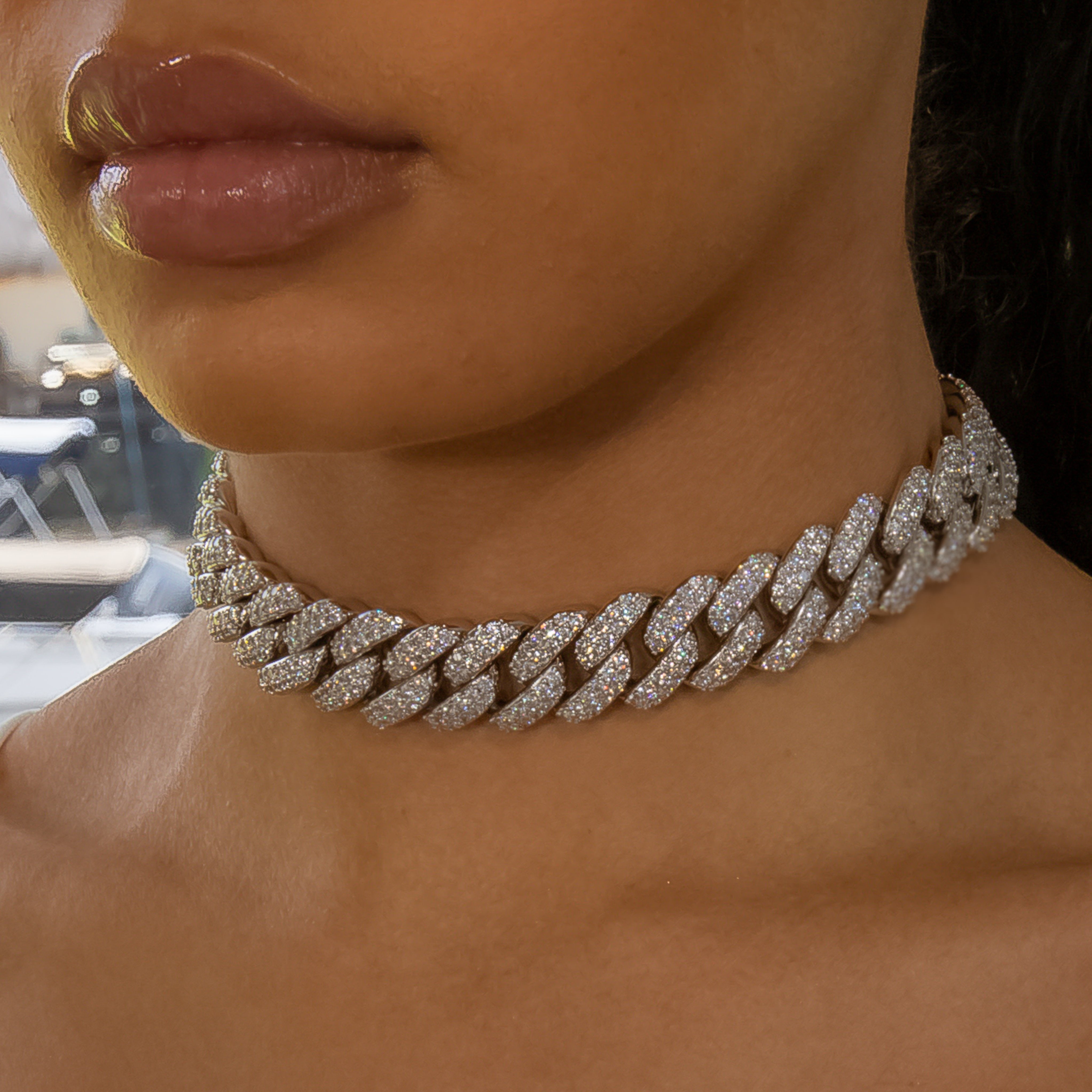 18mm Flower Set Cuban Link Choker/ Necklace - 18K White Gold · female-model
