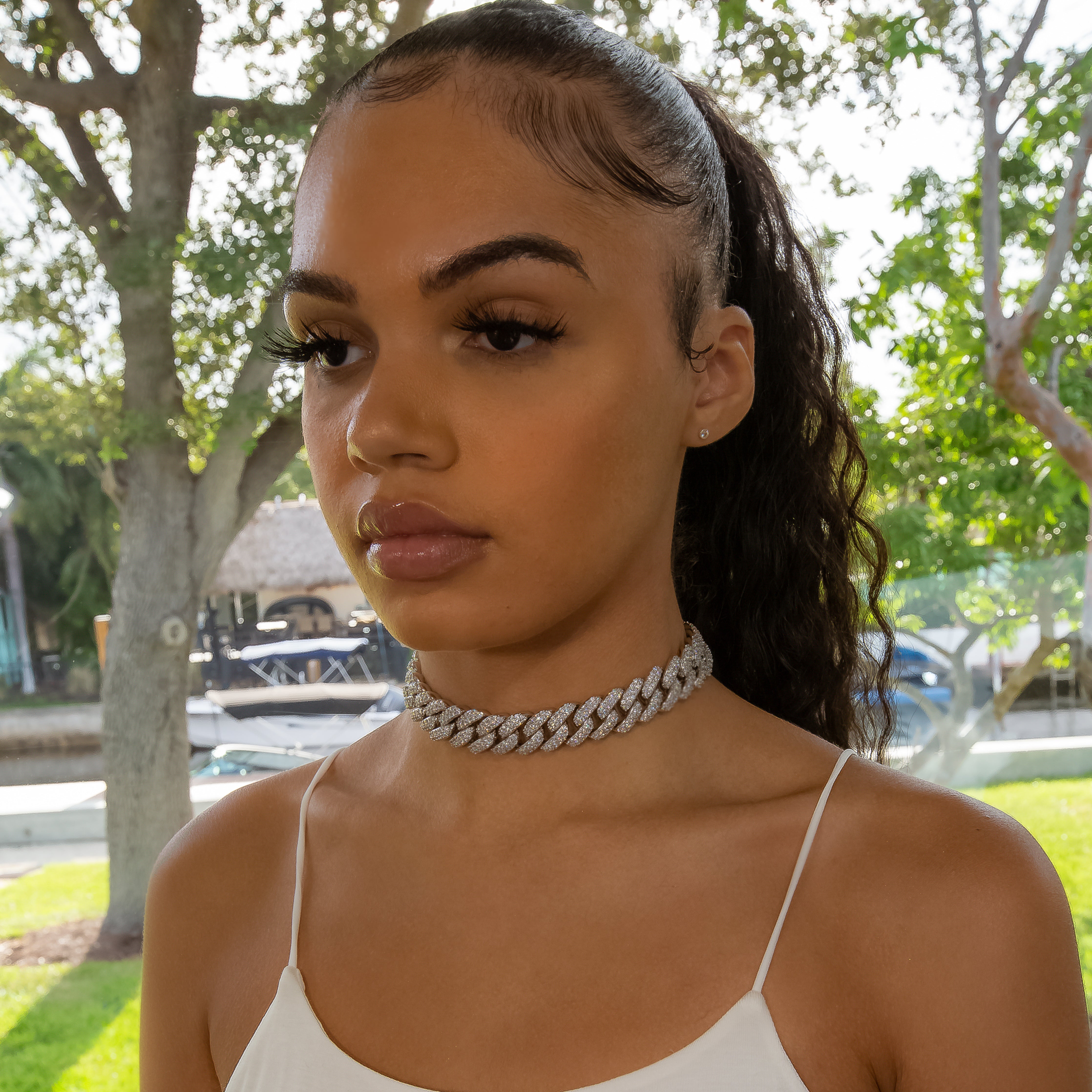18mm Flower Set Cuban Link Choker/ Necklace - 18K White Gold · female-model