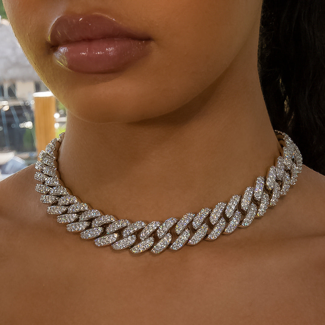 18mm Flower Set Cuban Link Choker/ Necklace - 18K White Gold · female-model