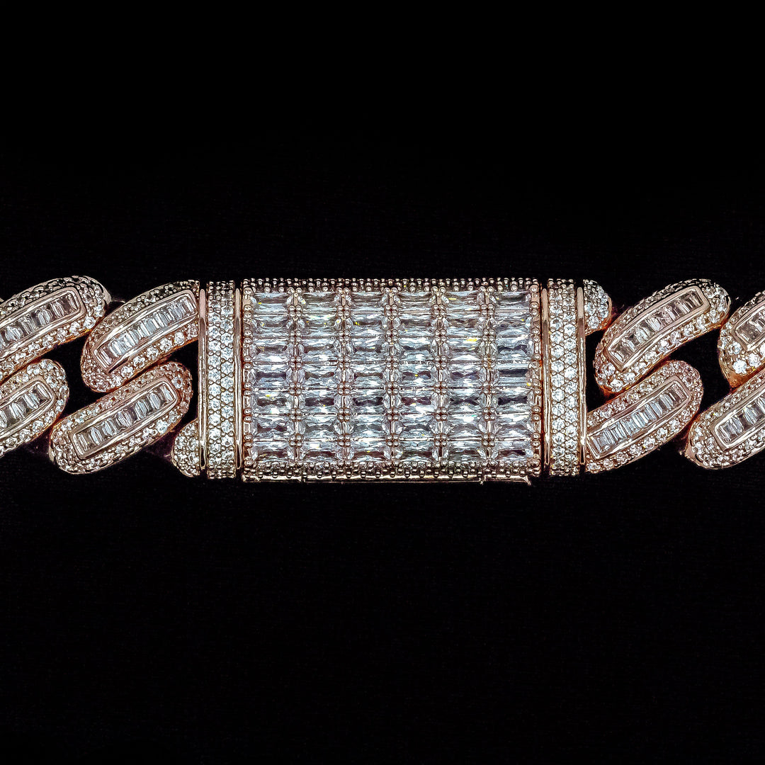 SKRT 18mm rose gold baguette Cuban link studio shot · studio