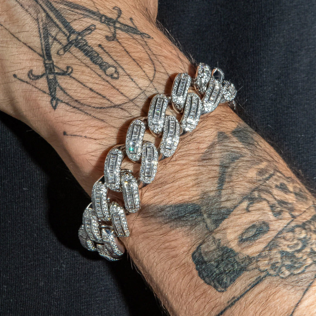 18mm White Gold Baguette Cuban Link Bracelet · male-model