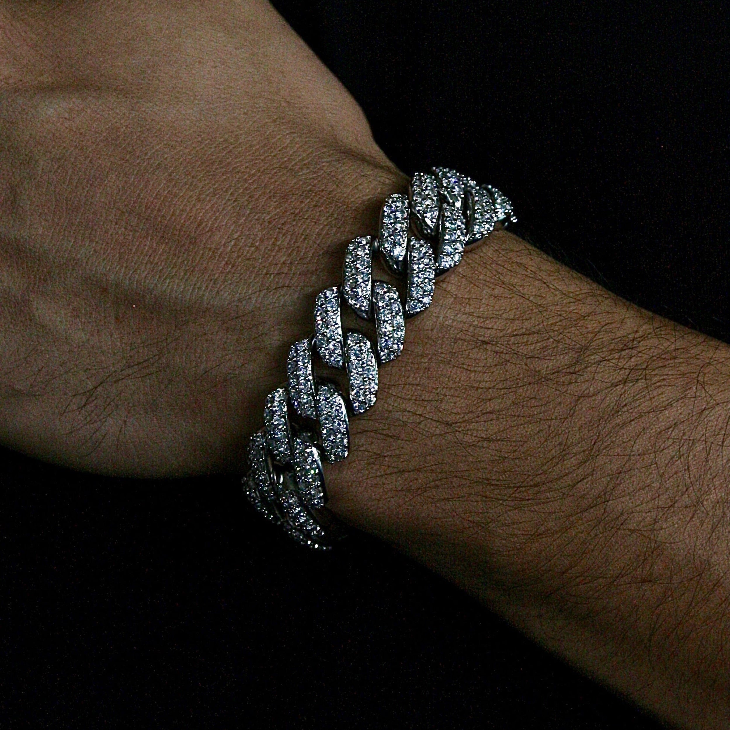 18mm White Gold Flower Set Cuban Link Bracelet — primary · male-model