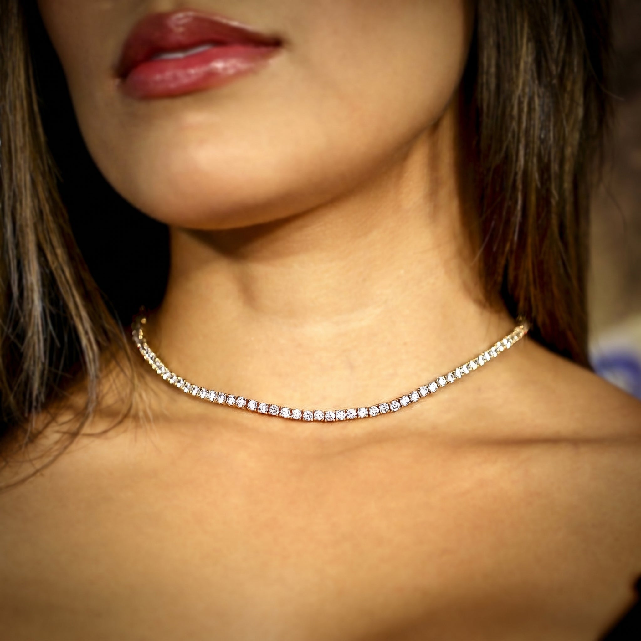 3mm Diamond Tennis Choker/ Necklace in Rose Gold · female-model