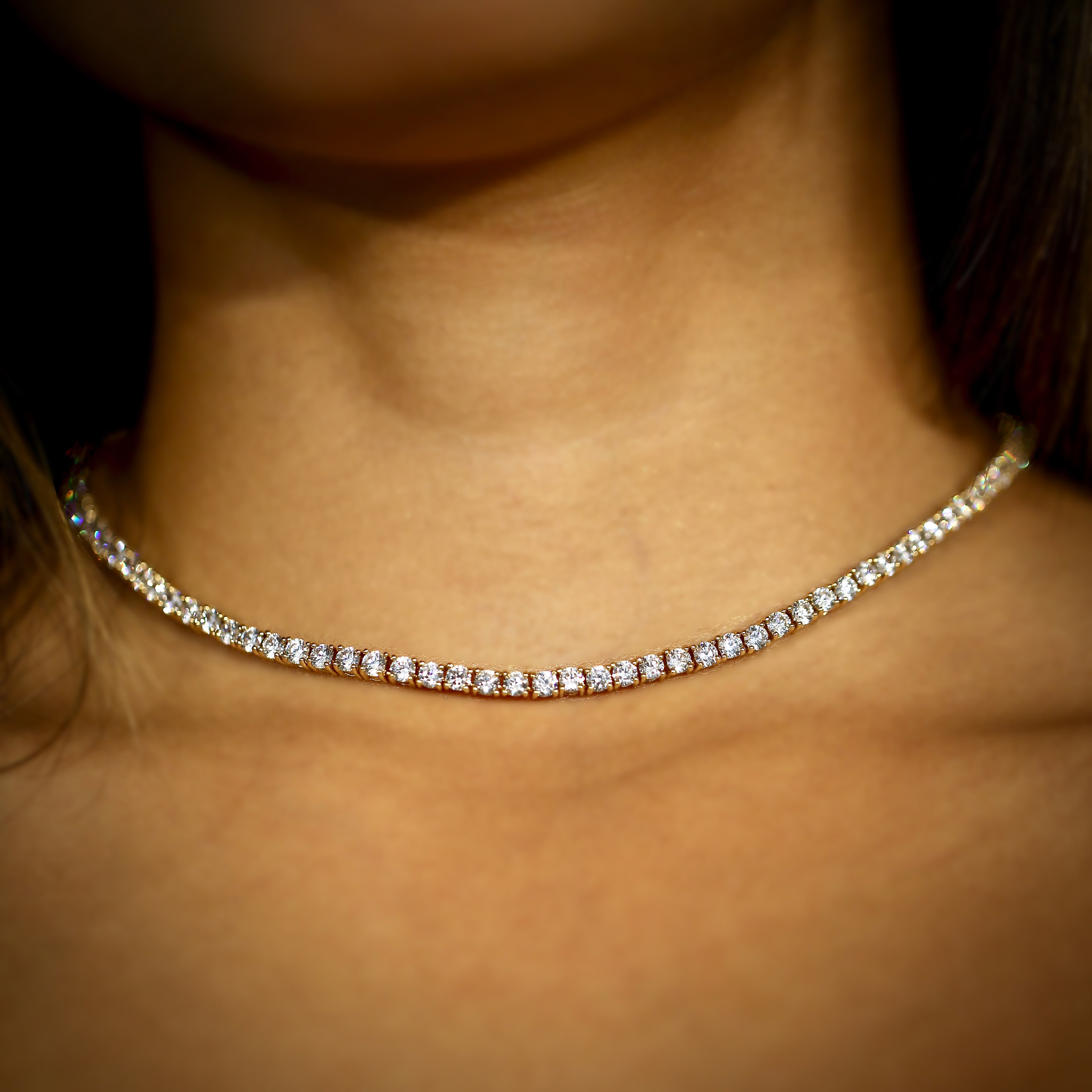 3mm Diamond Tennis Choker/ Necklace - 18K Yellow Gold · female-model