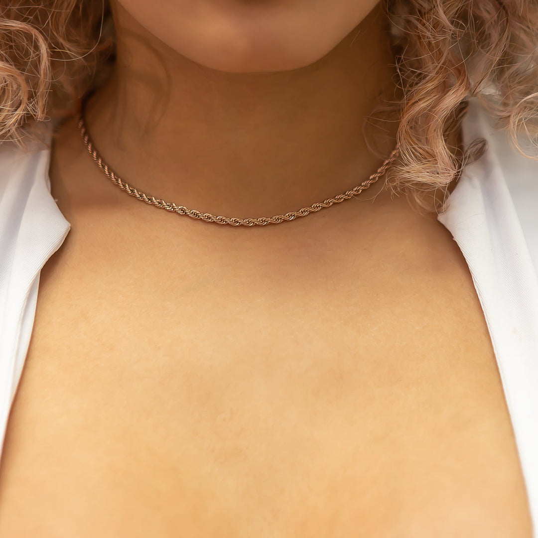 3mm Rose Gold Rope Choker/ Necklace in 18K Rose Gold | SKRT® · female-model