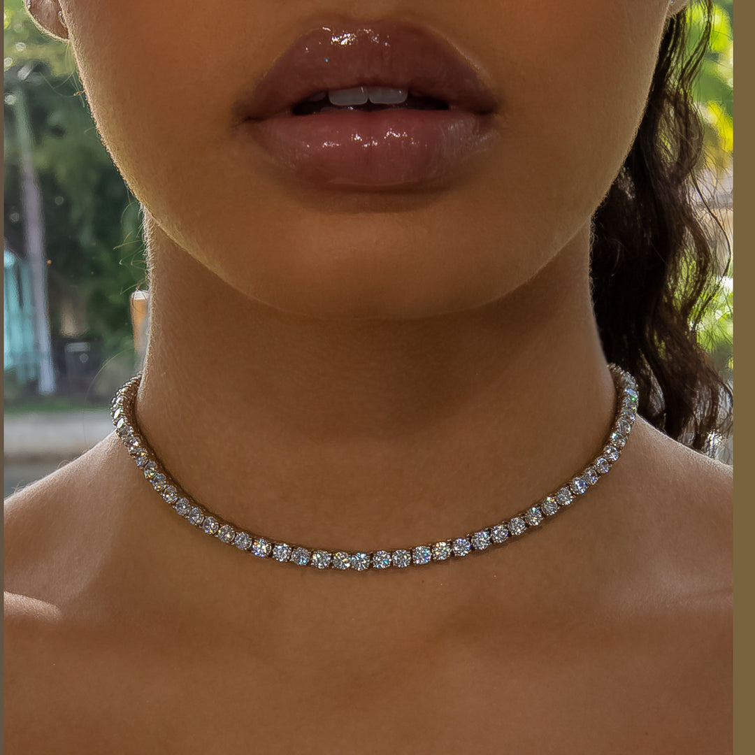 4mm Diamond Tennis Choker/ Necklace in 18K White Gold - product image · female-model