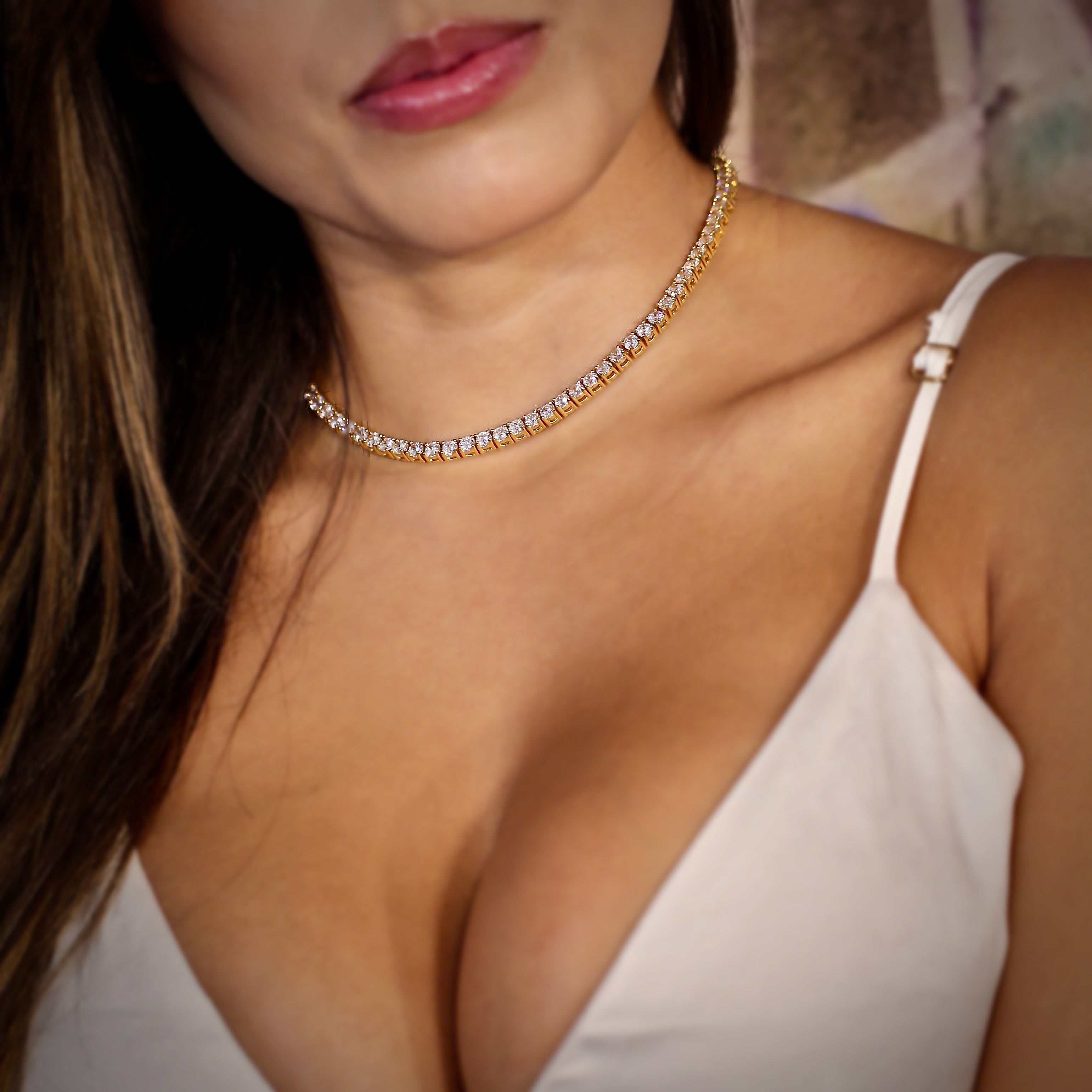 4mm Diamond Tennis Choker/ Necklace - 18K Yellow Gold · female-model