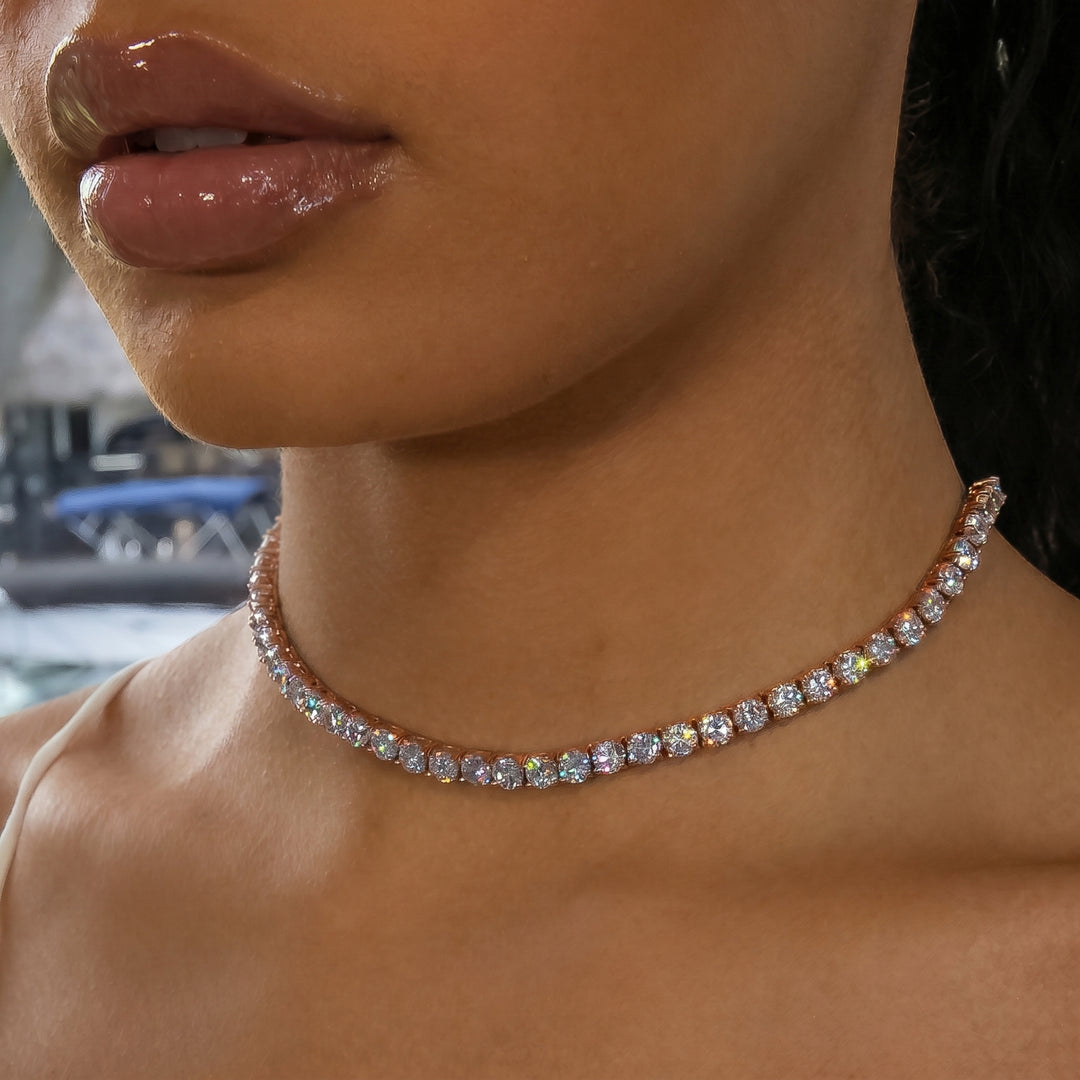 5mm Diamond Tennis Choker/ Necklace - 18K Rose Gold · female-model