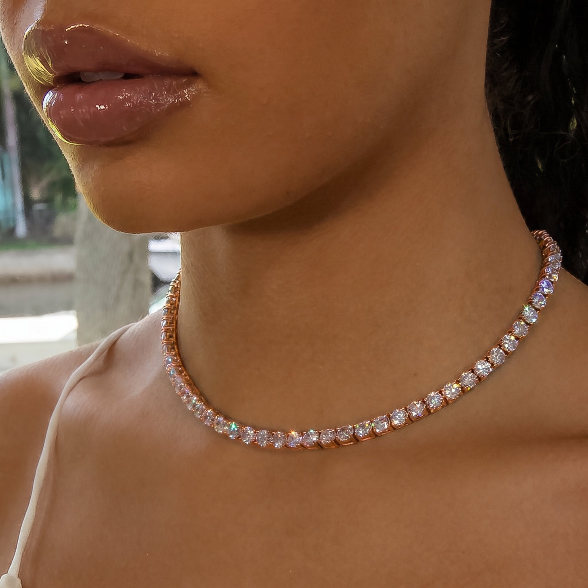 5mm Diamond Tennis Choker/ Necklace - 18K Rose Gold · female-model