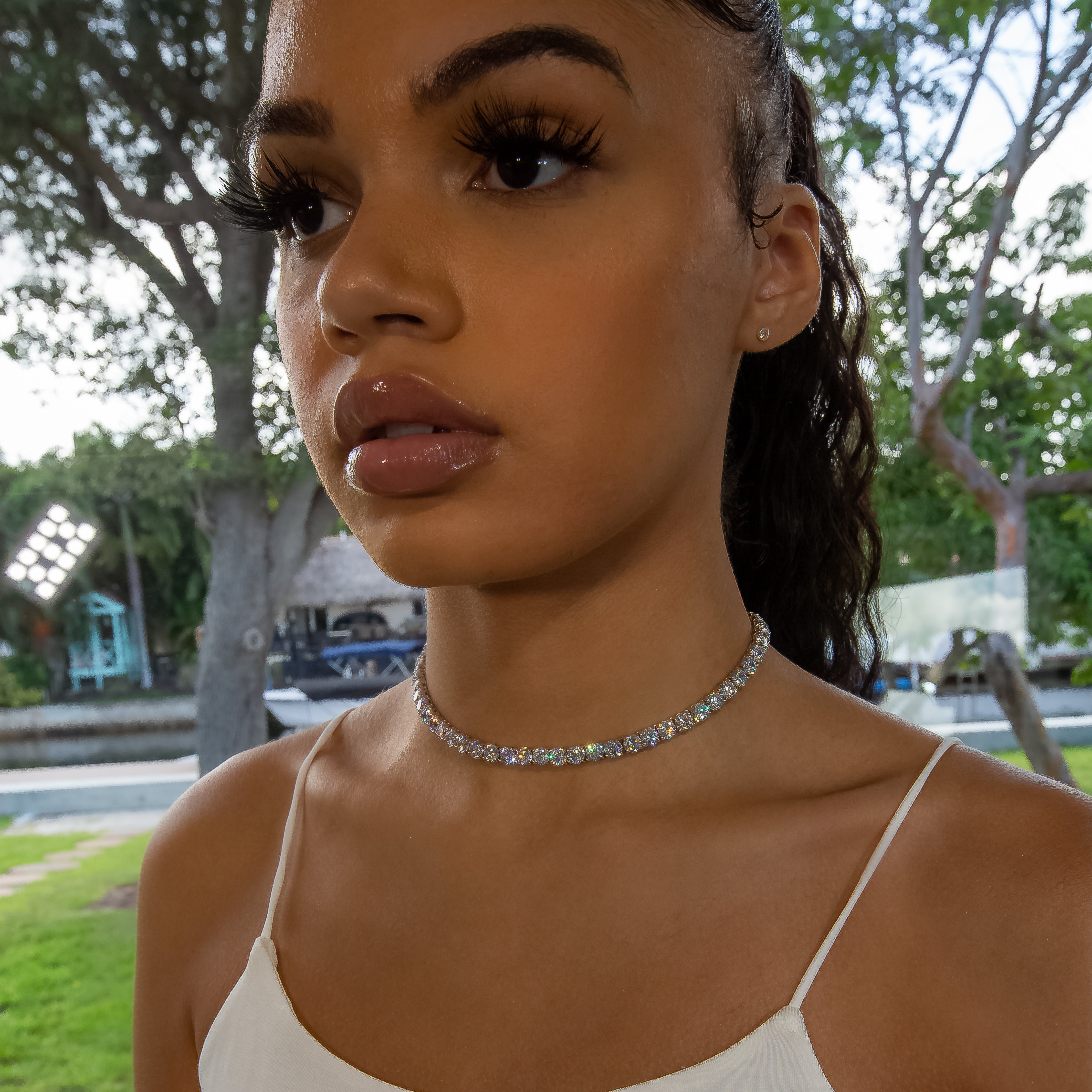 5mm Diamond Tennis Choker/ Necklace - 18K White Gold · female-model