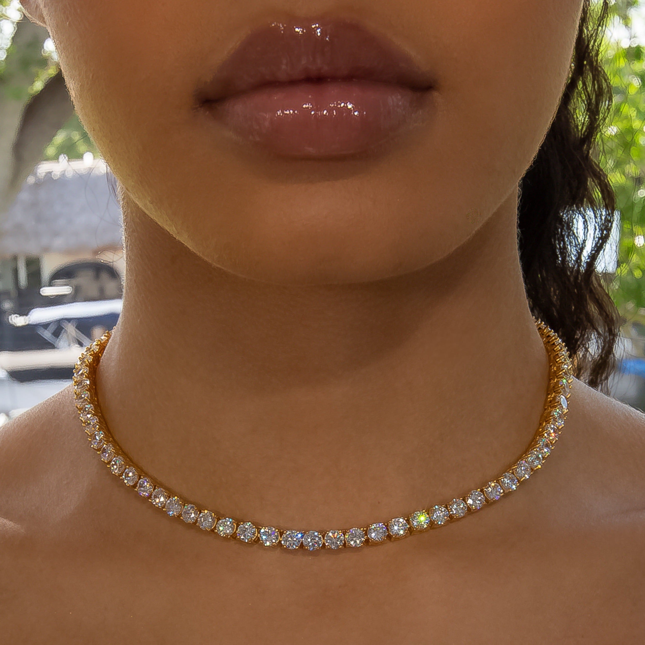 5mm Diamond Tennis Choker/ Necklace 18K Yellow Gold · female-model