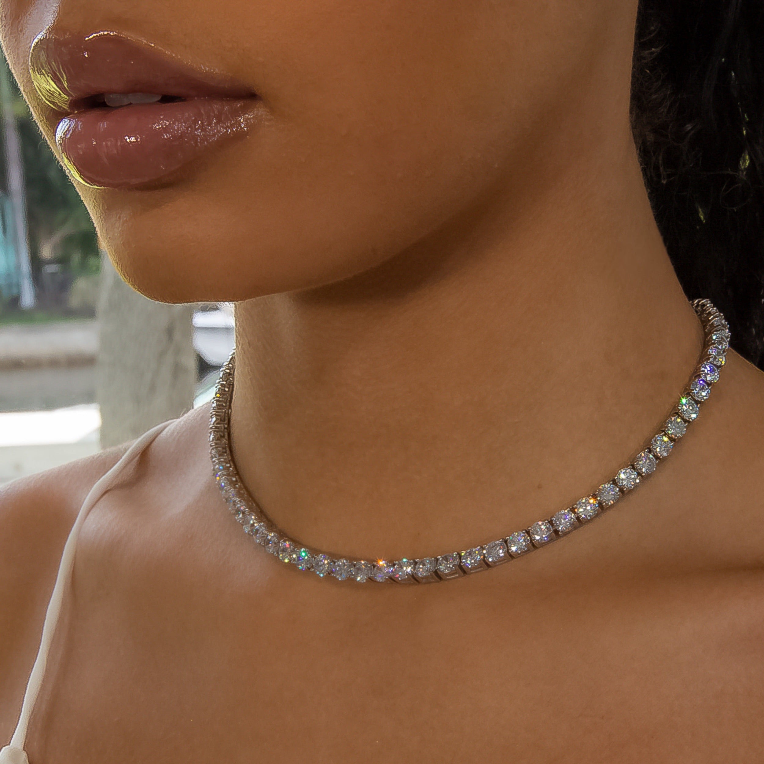 5mm Diamond Tennis Choker/ Necklace 18K Yellow Gold · female-model