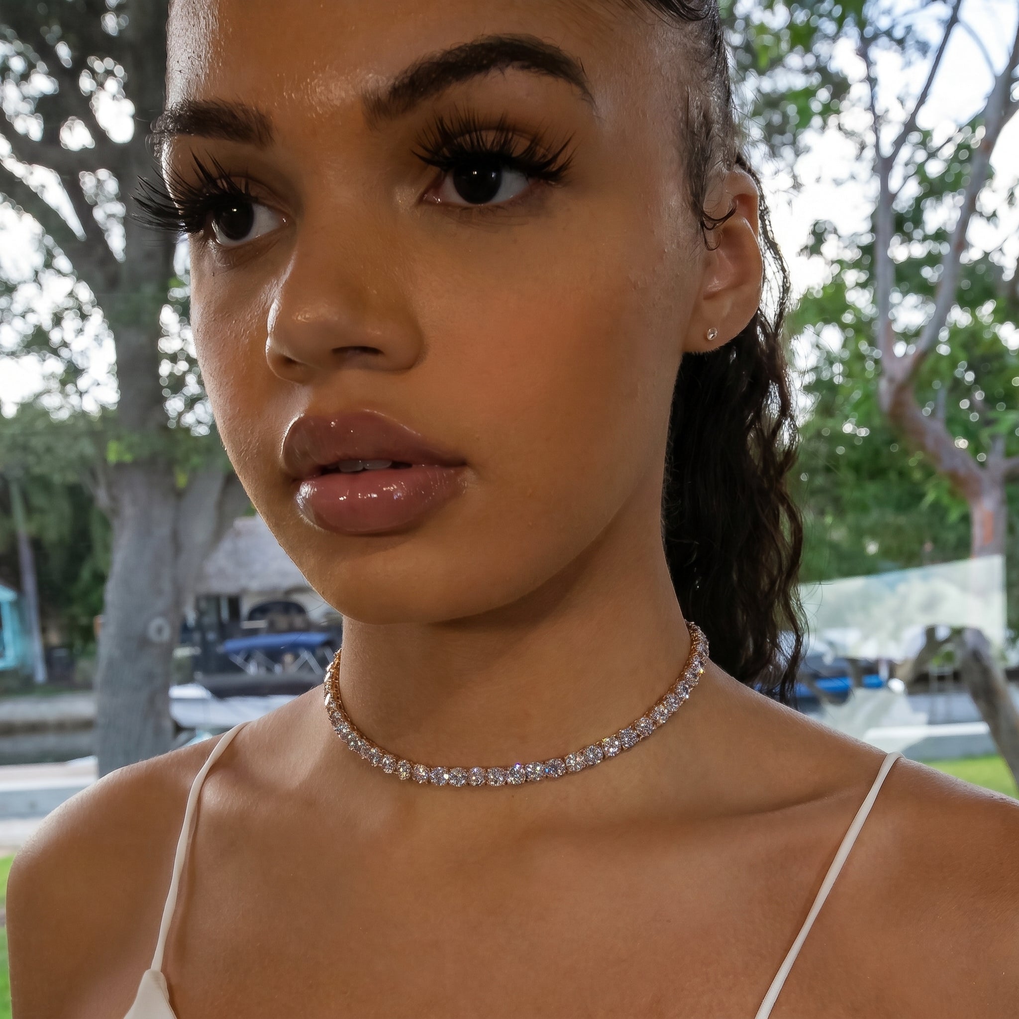 6mm Diamond Tennis Choker/ Necklace - 18K Rose Gold · female-model