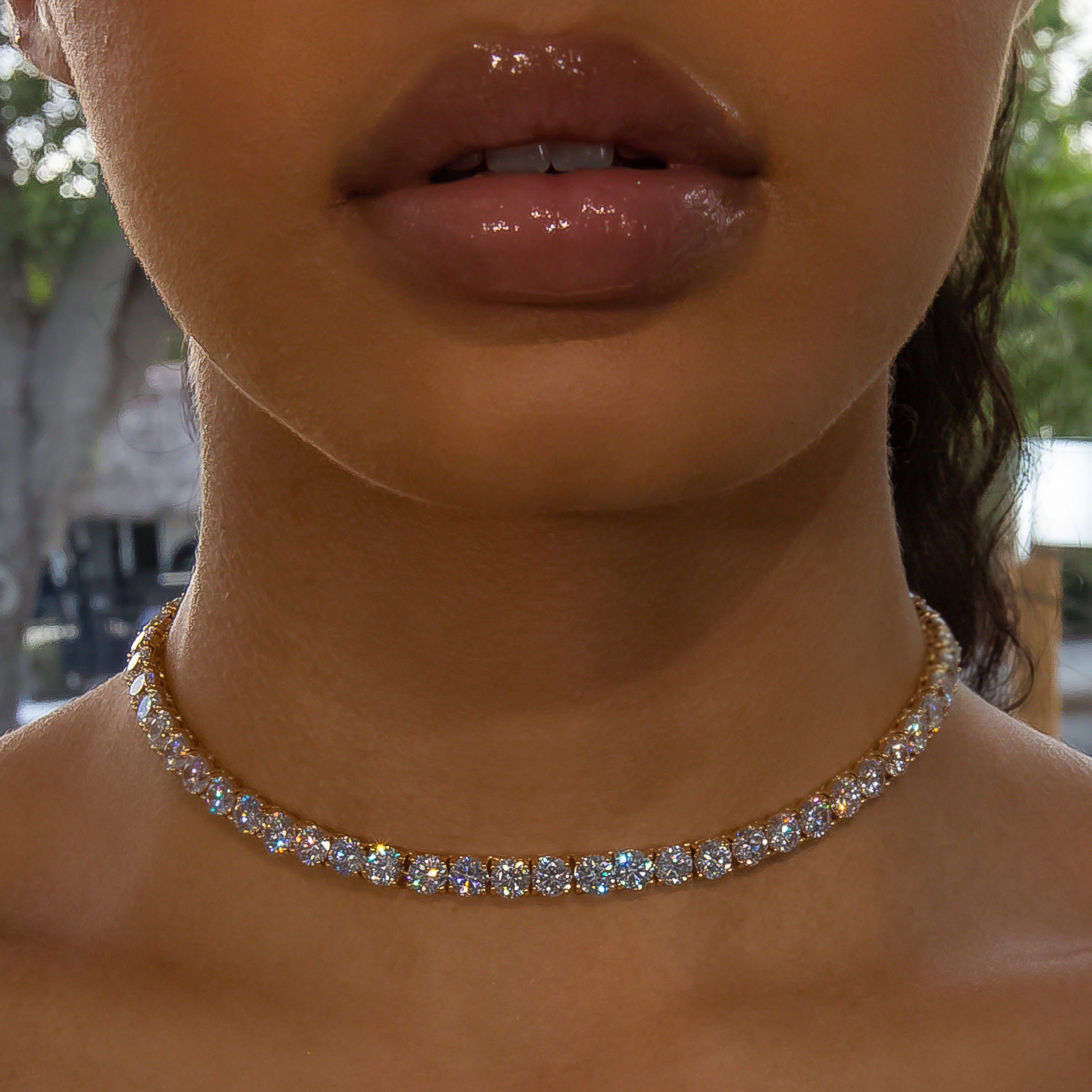 6mm Diamond Tennis Choker/ Necklace - 18K Yellow Gold · female-model