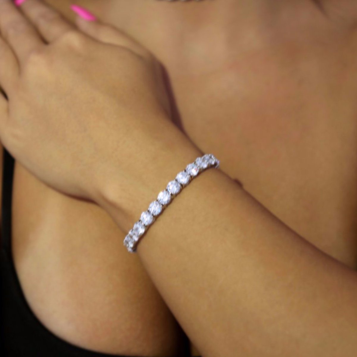 6mm White Gold Diamond Tennis Bracelet (view 2 of 3) · female-model