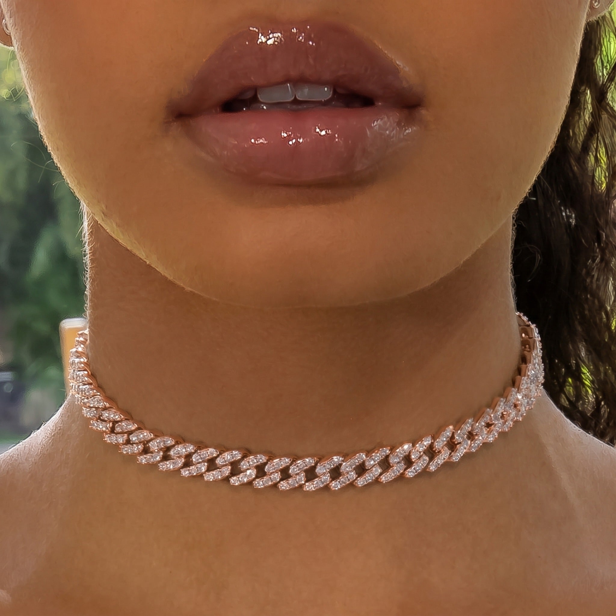 8mm Cuban Link Choker/ Necklace - 18K Rose Gold · female-model