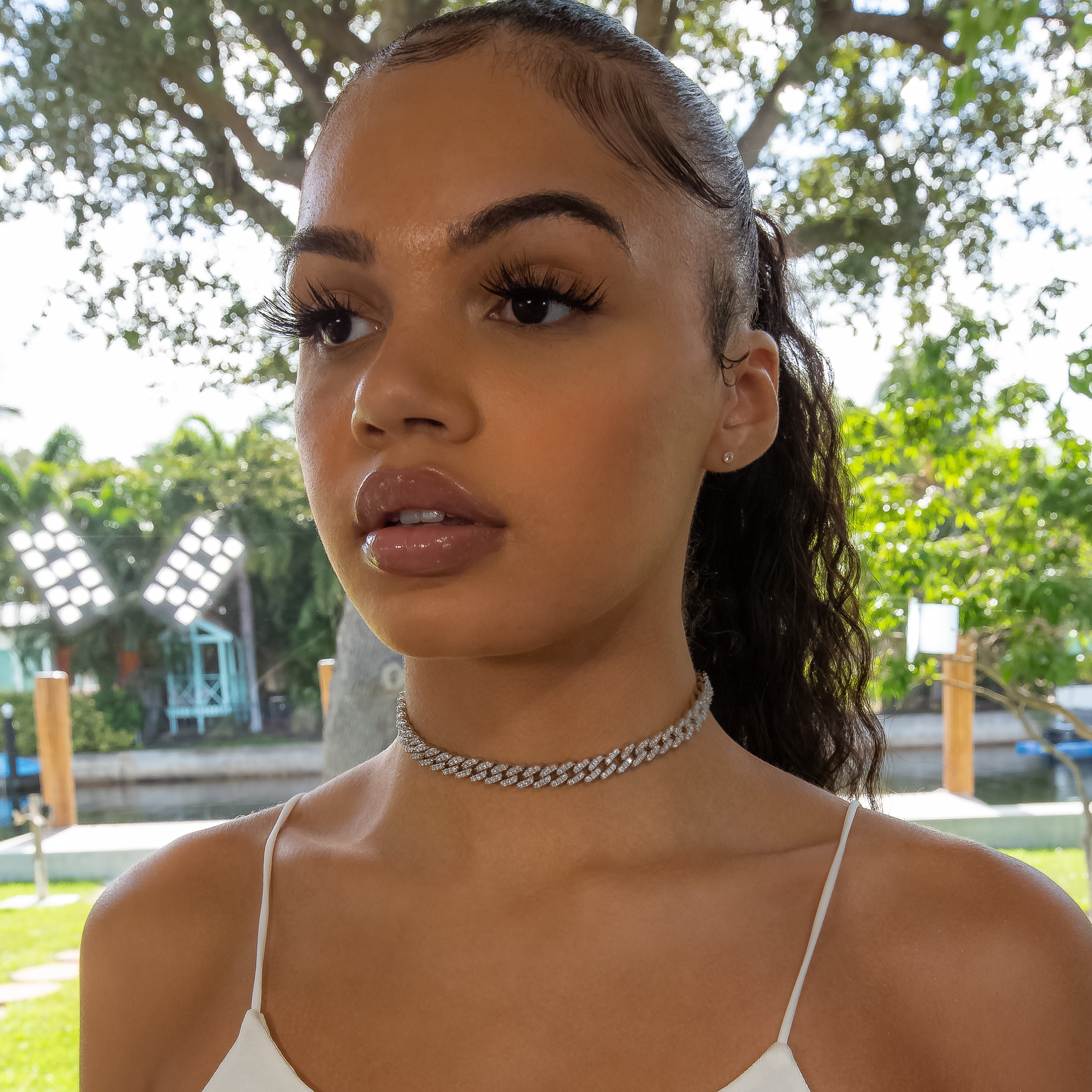 8mm Cuban Link Choker/ Necklace - 18K White Gold · female-model