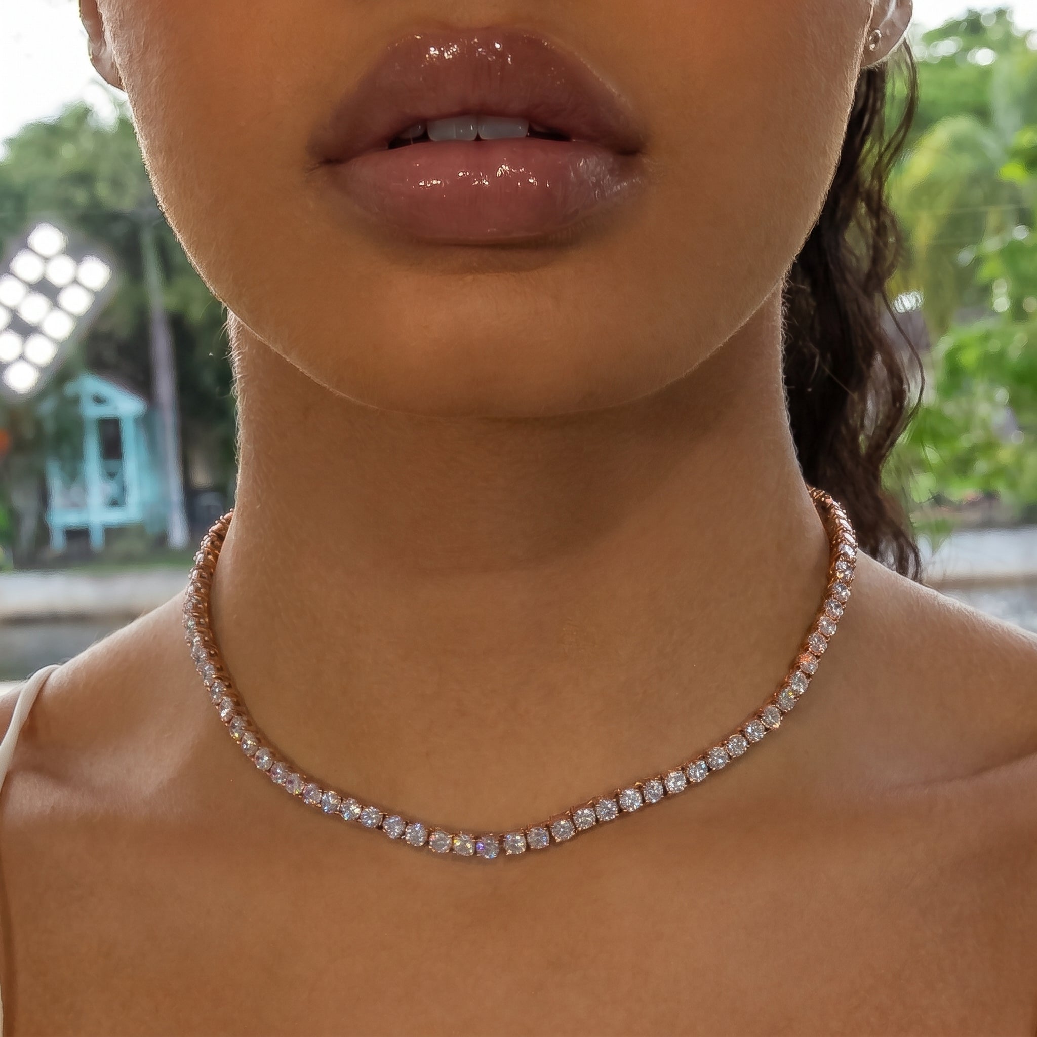4mm Diamond Tennis Choker/ Necklace - 18K Rose Gold · female-model