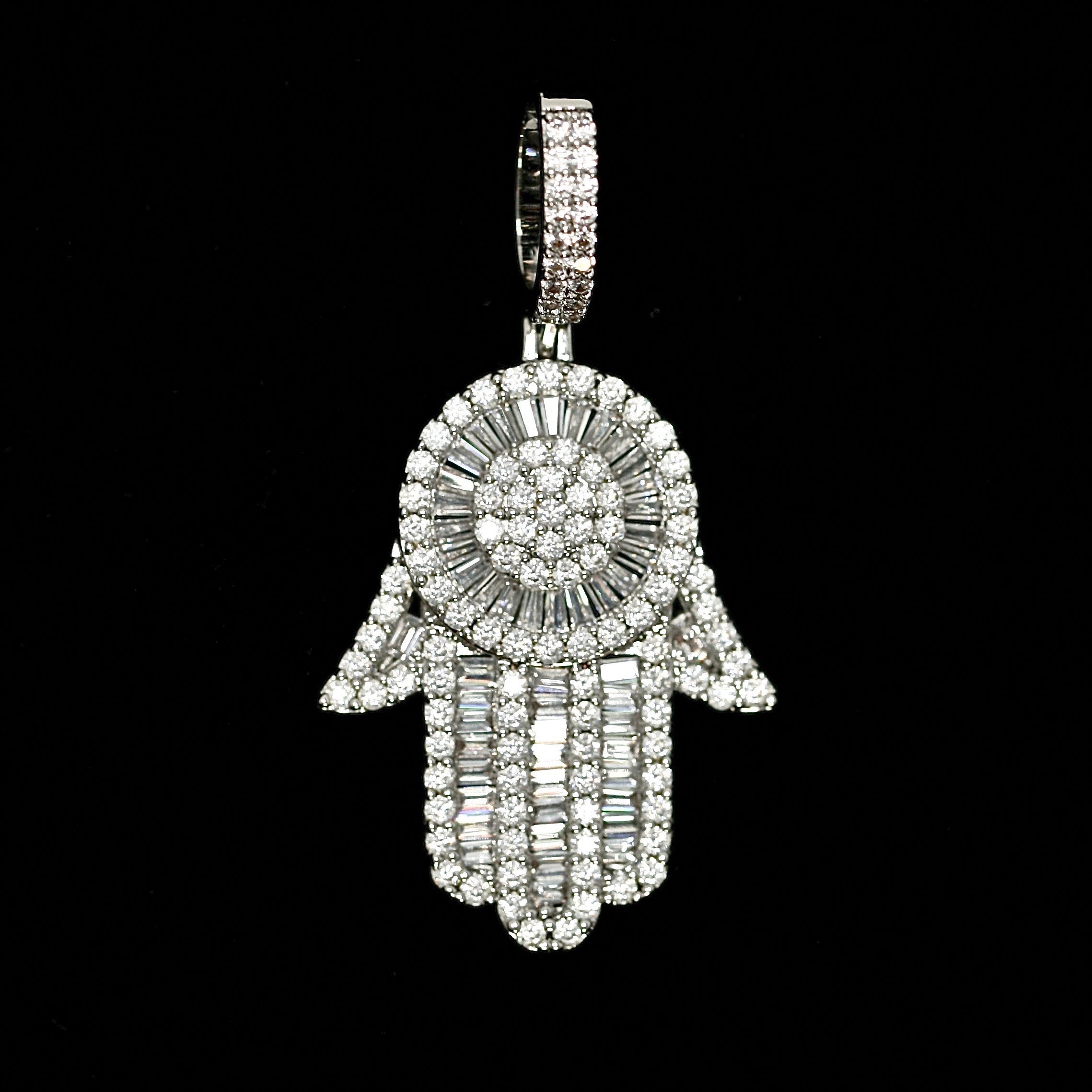 Iced Baguette Diamond Hamsa Hand in White Gold (alternate view) · female-model