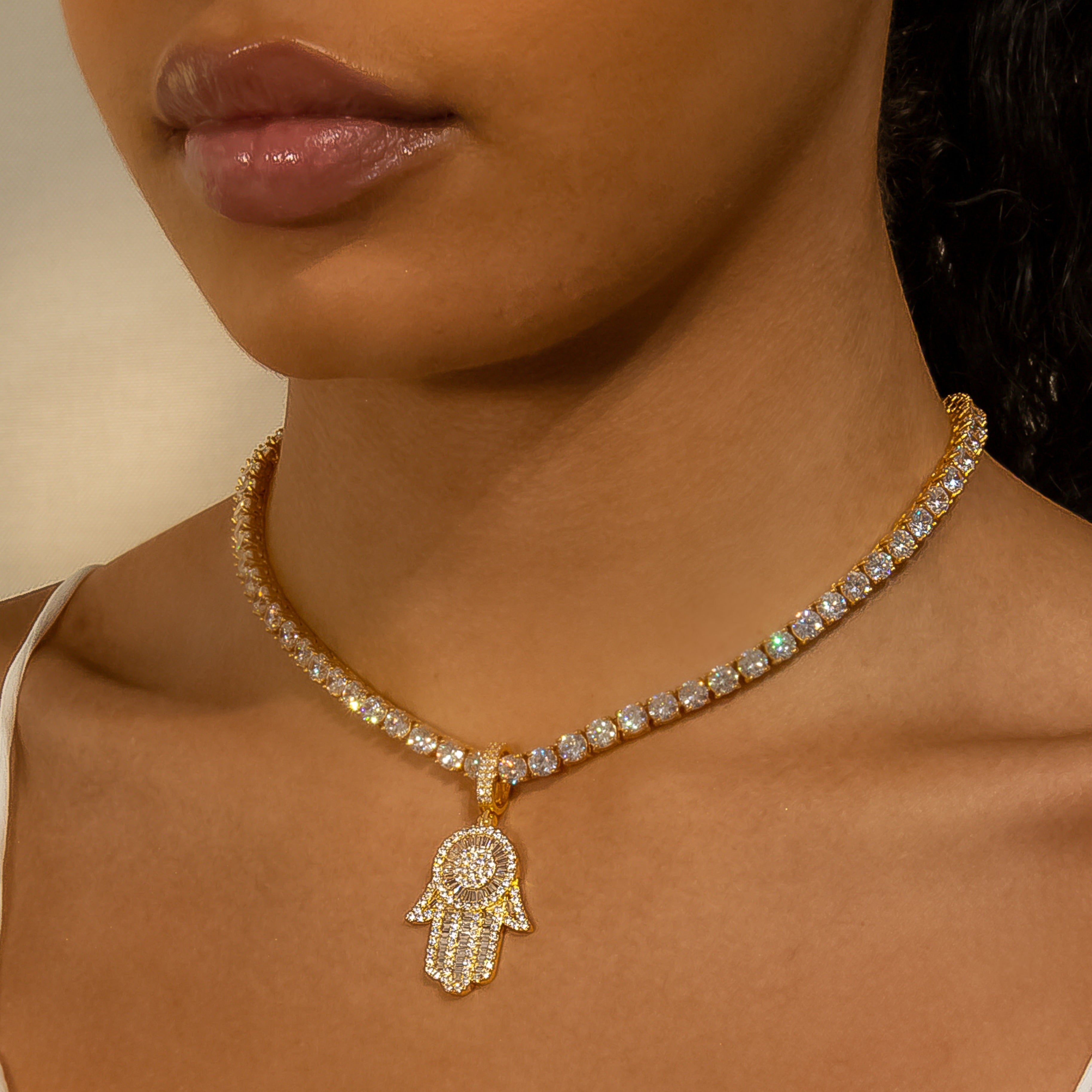 Iced Baguette Diamond Hamsa Hand in Yellow Gold (view 6 of 7) · female-model
