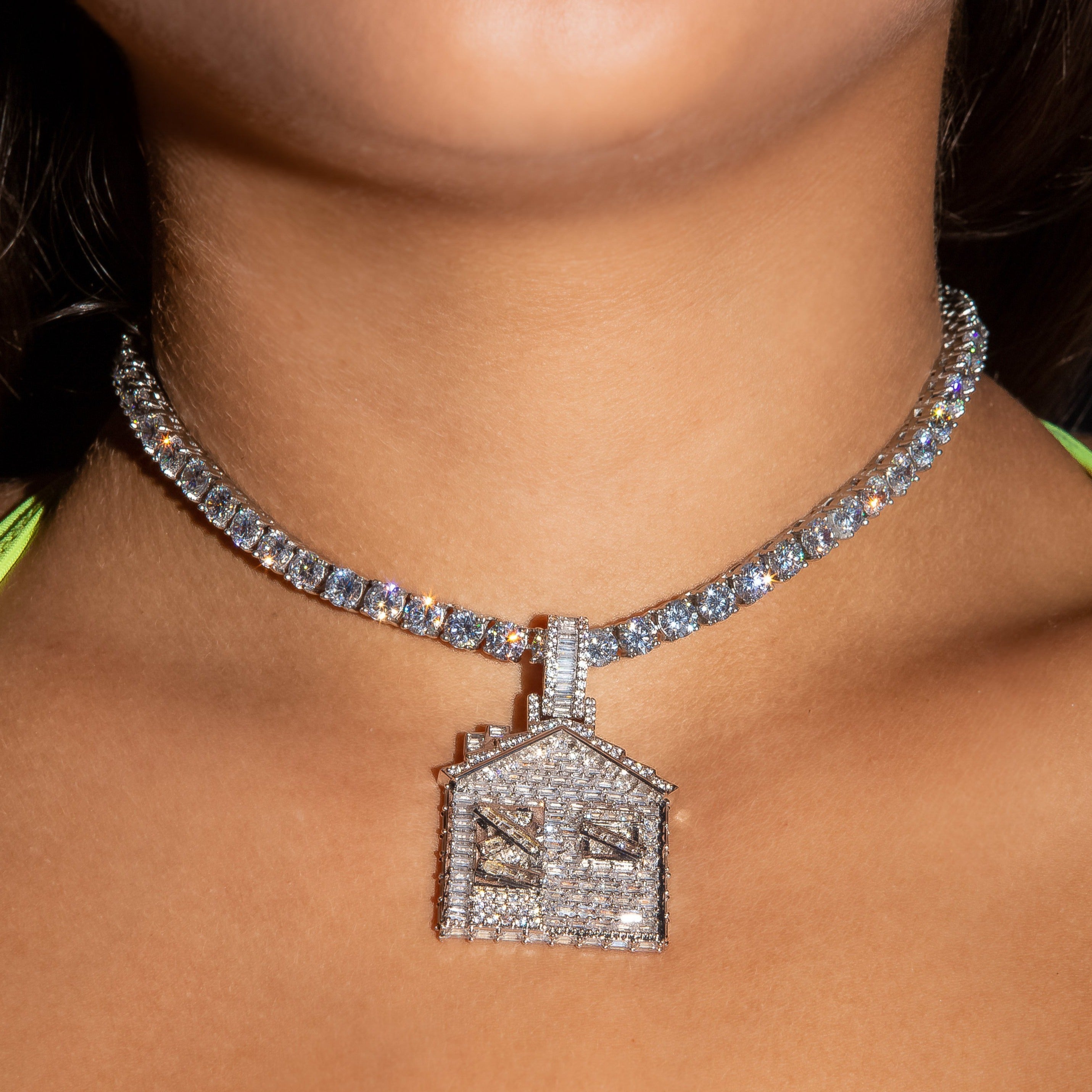 Iced Out Baguette Diamond Trap House - White Gold (view 6 of 7) · female-model
