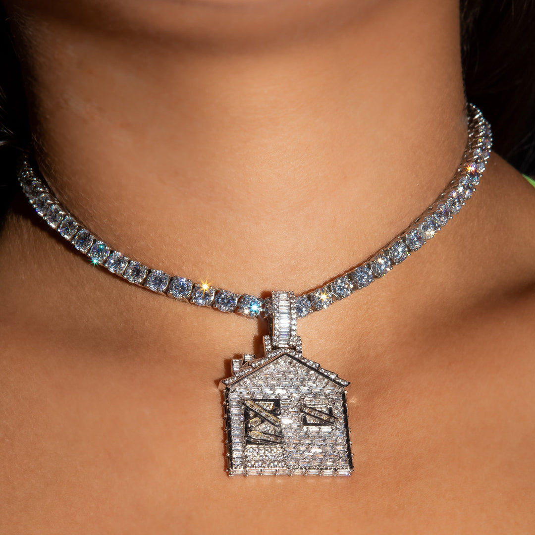 Iced Baguette Diamond Trap House - White Gold | SKRT® · female-model