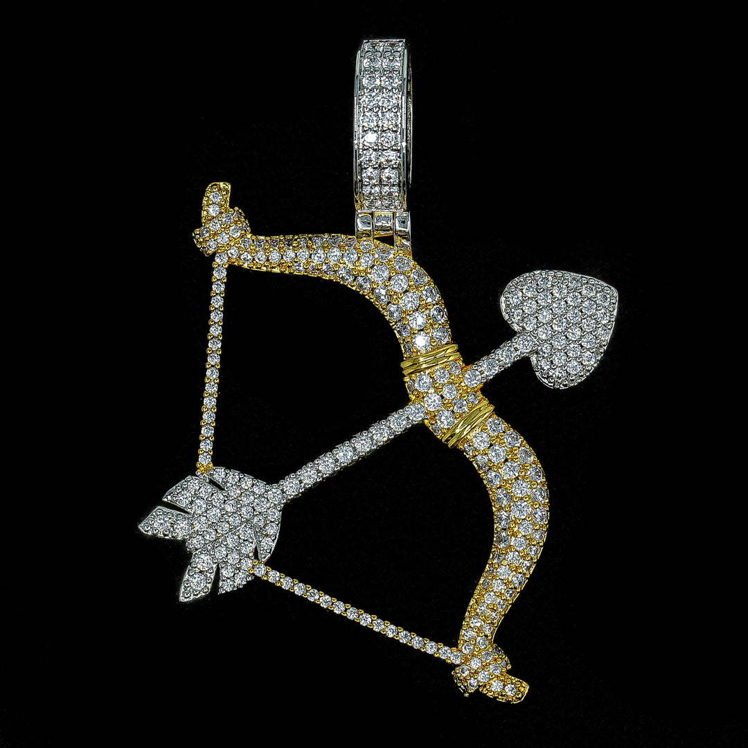 Iced Diamond Bow And Arrow in White & Yellow Gold in 18K Yellow Gold | SKRT® · female-model