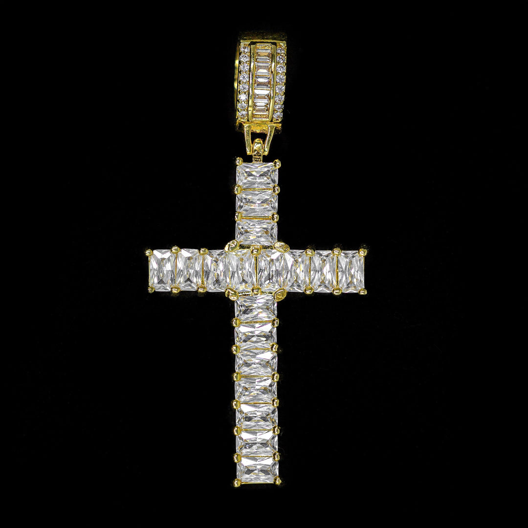 Diamond Emerald Cross in Yellow Gold | SKRT® · female-model