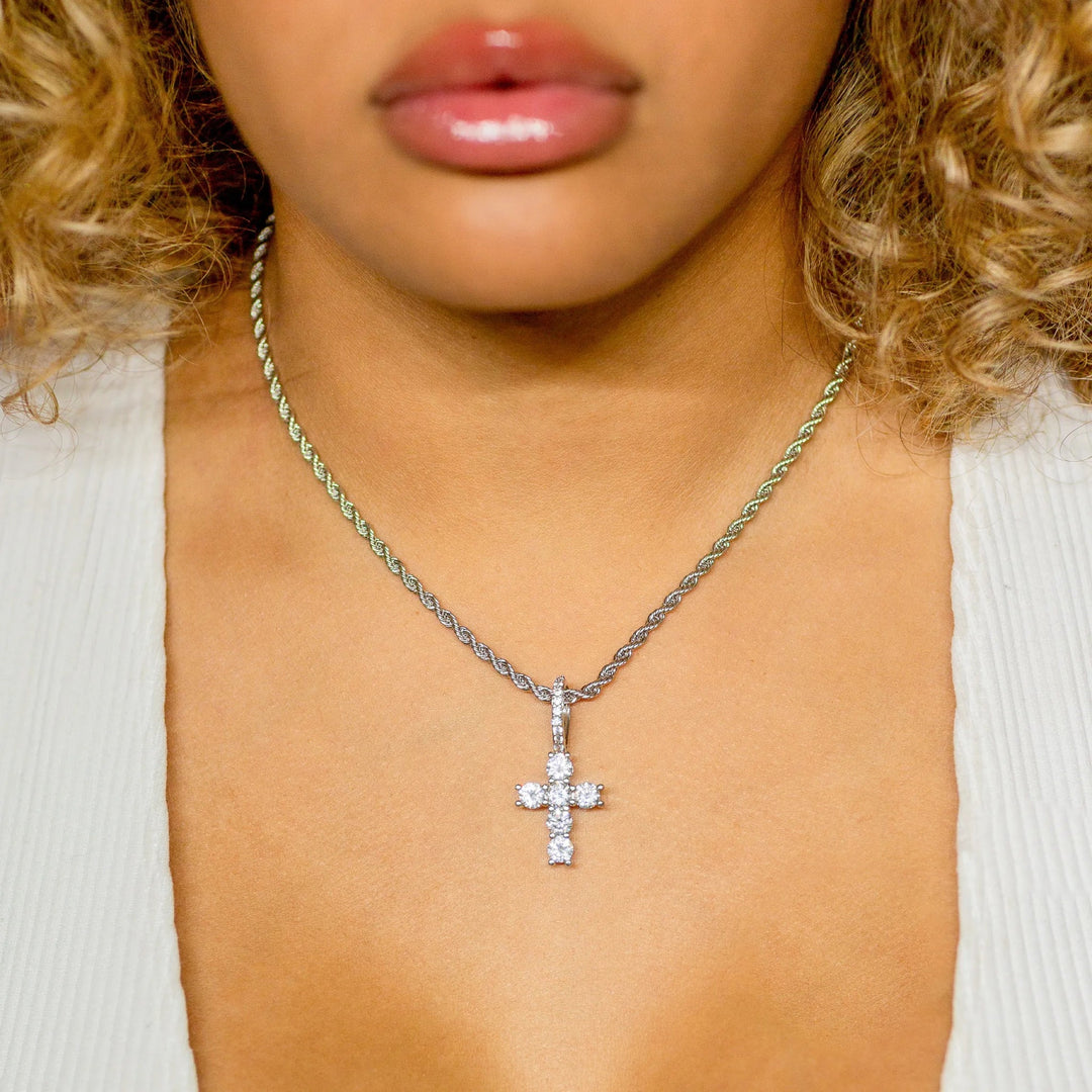 Diamond Mini Cross in White Gold — primary · female-model