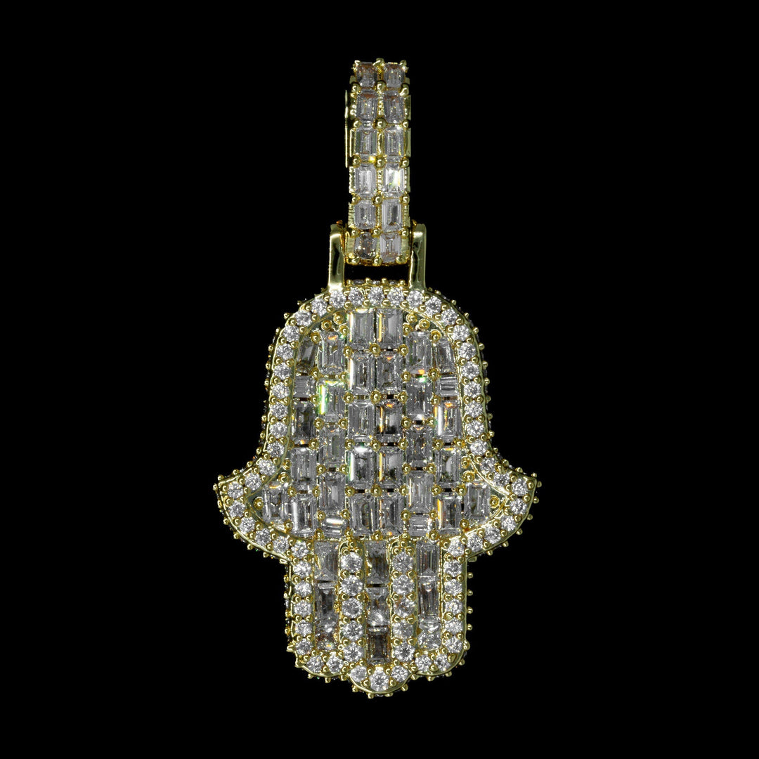 Diamond Mini Emerald Hamsa Hand - 18K Yellow Gold · female-model
