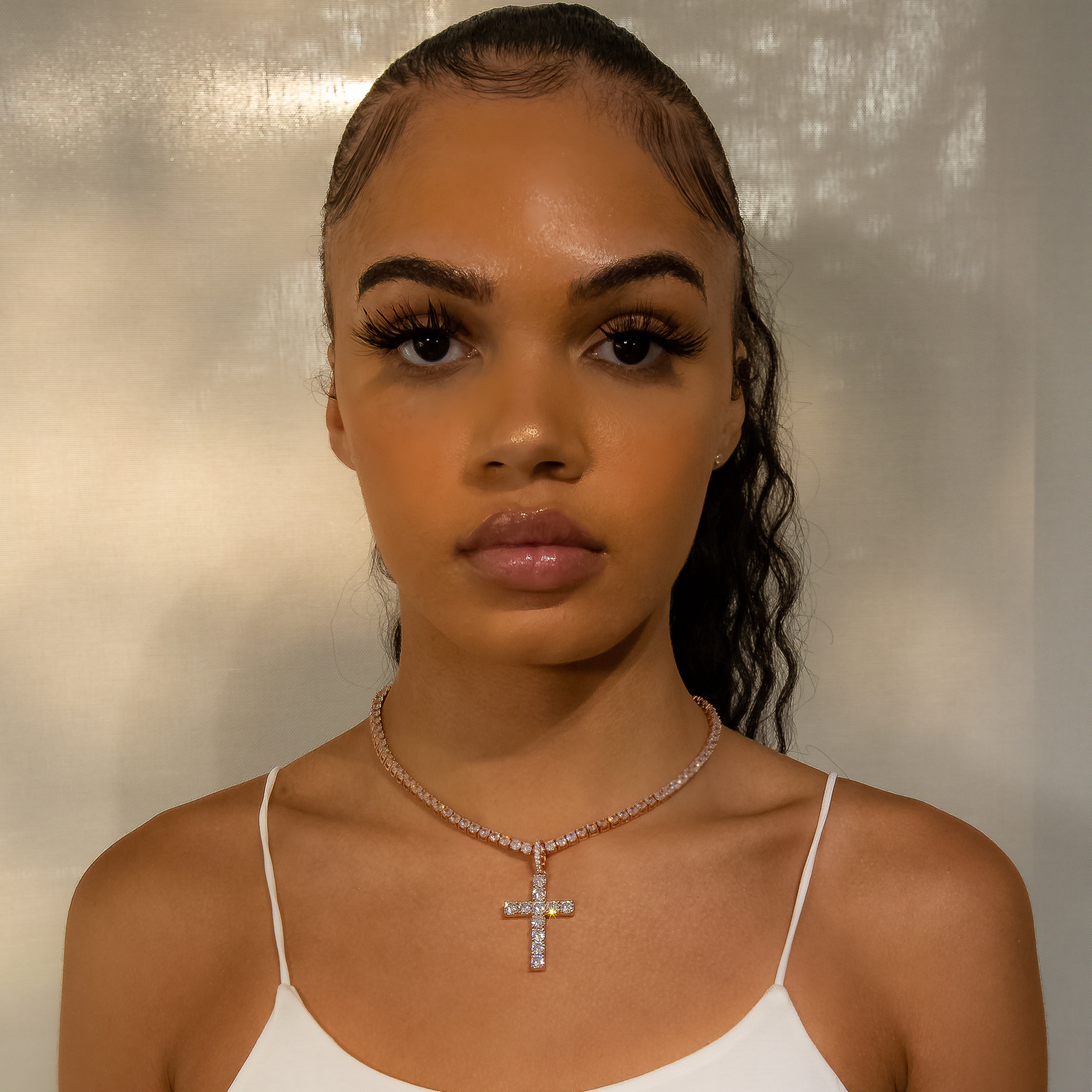 Iced Original Diamond Cross in Rose Gold (view 2 of 4) · female-model