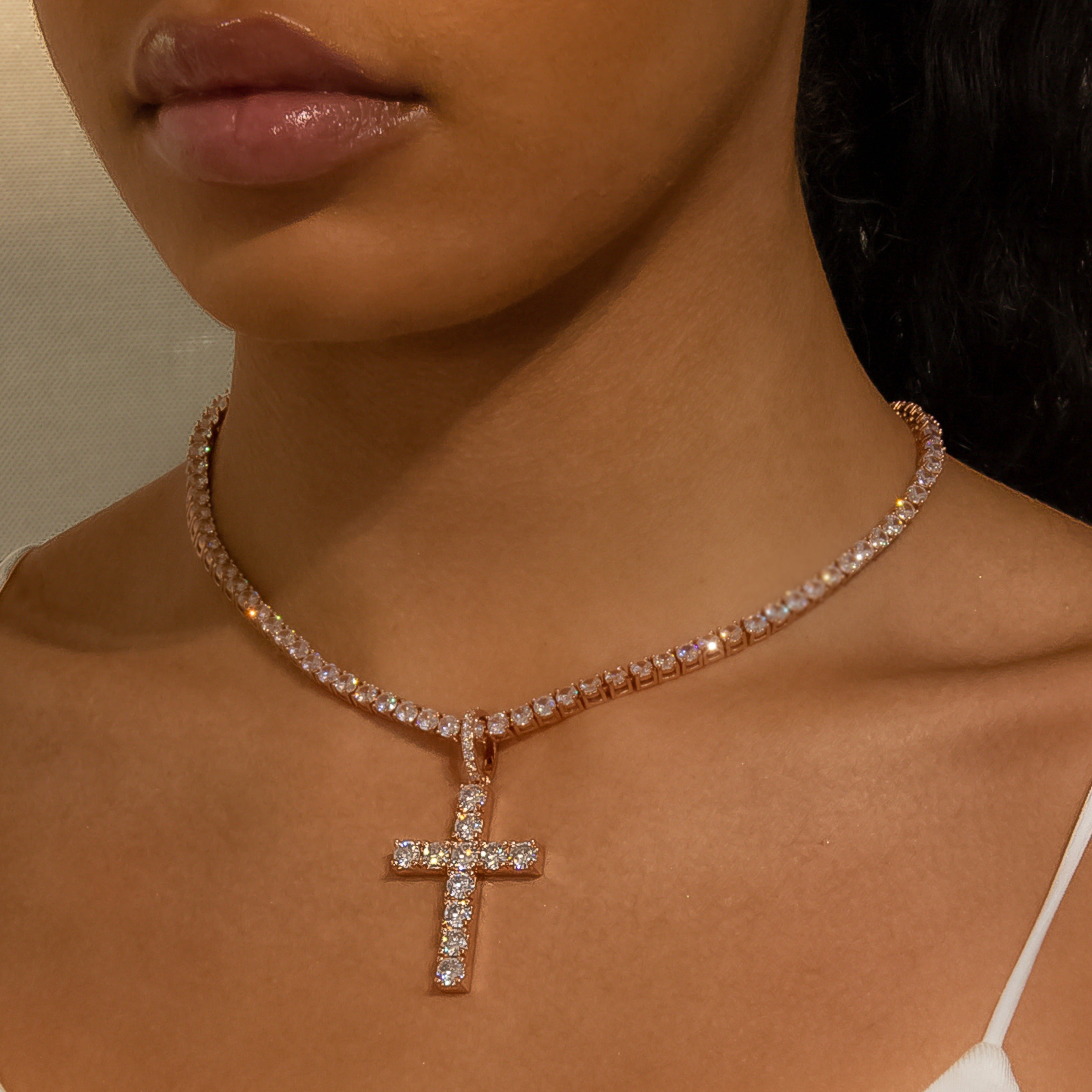 Iced Original Diamond Cross in Rose Gold (view 3 of 4) · female-model