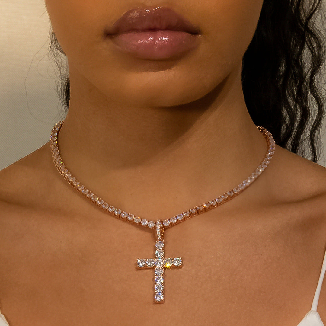 Iced Original Diamond Cross in Rose Gold | SKRT® · female-model